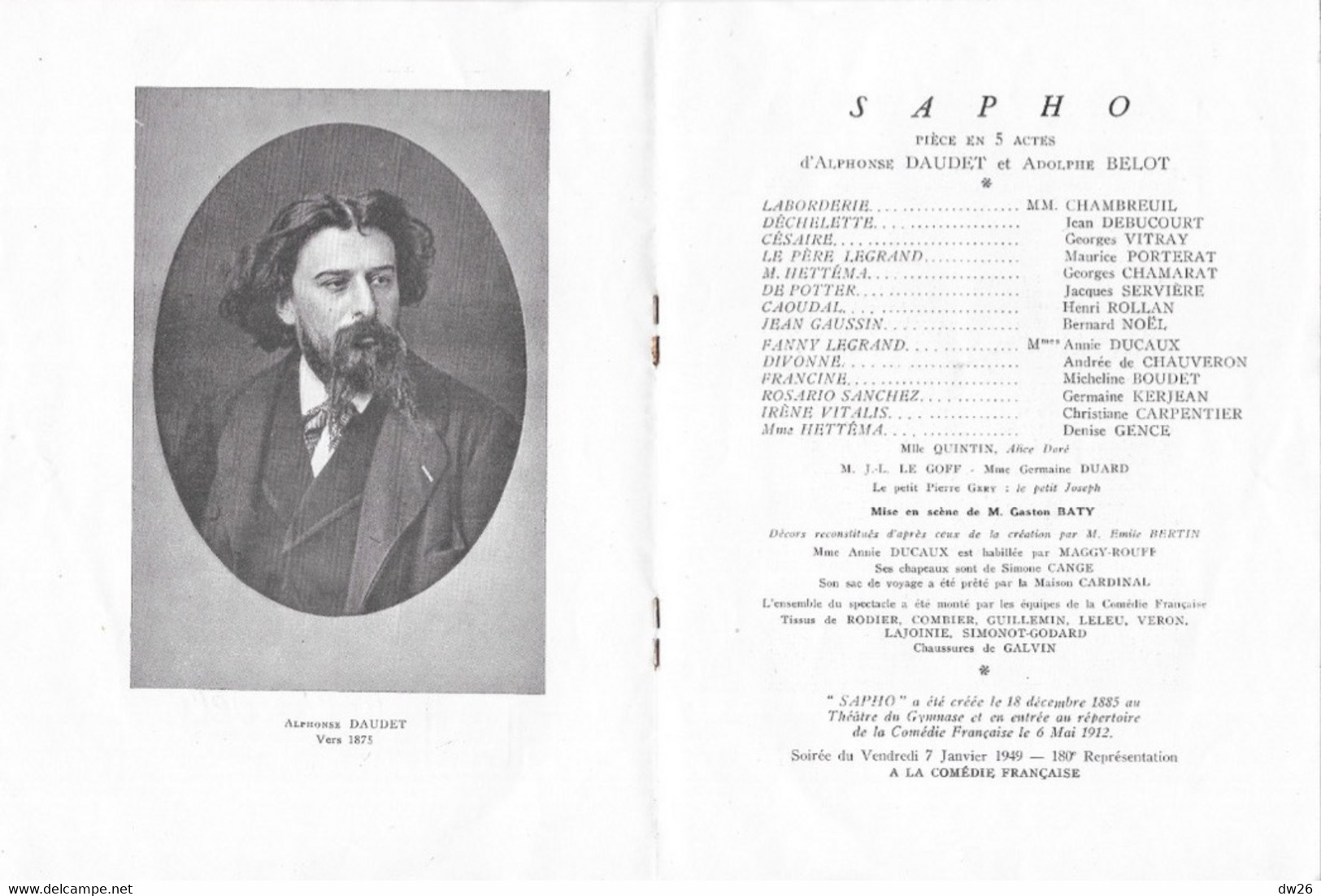 Programme Théâtre De La Comédie Française, Salle Richelieu 1949 - Sapho D'Alphonse Daudet Et Adolphe Belot - Programma's