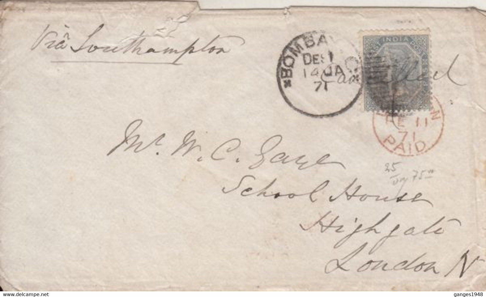 1871  QV  6A 8 Pies  Rate Franked Cover LONDON PAID Bombay  To London  #  28979 D  Inde  Indien - 1854 Compagnia Inglese Delle Indie