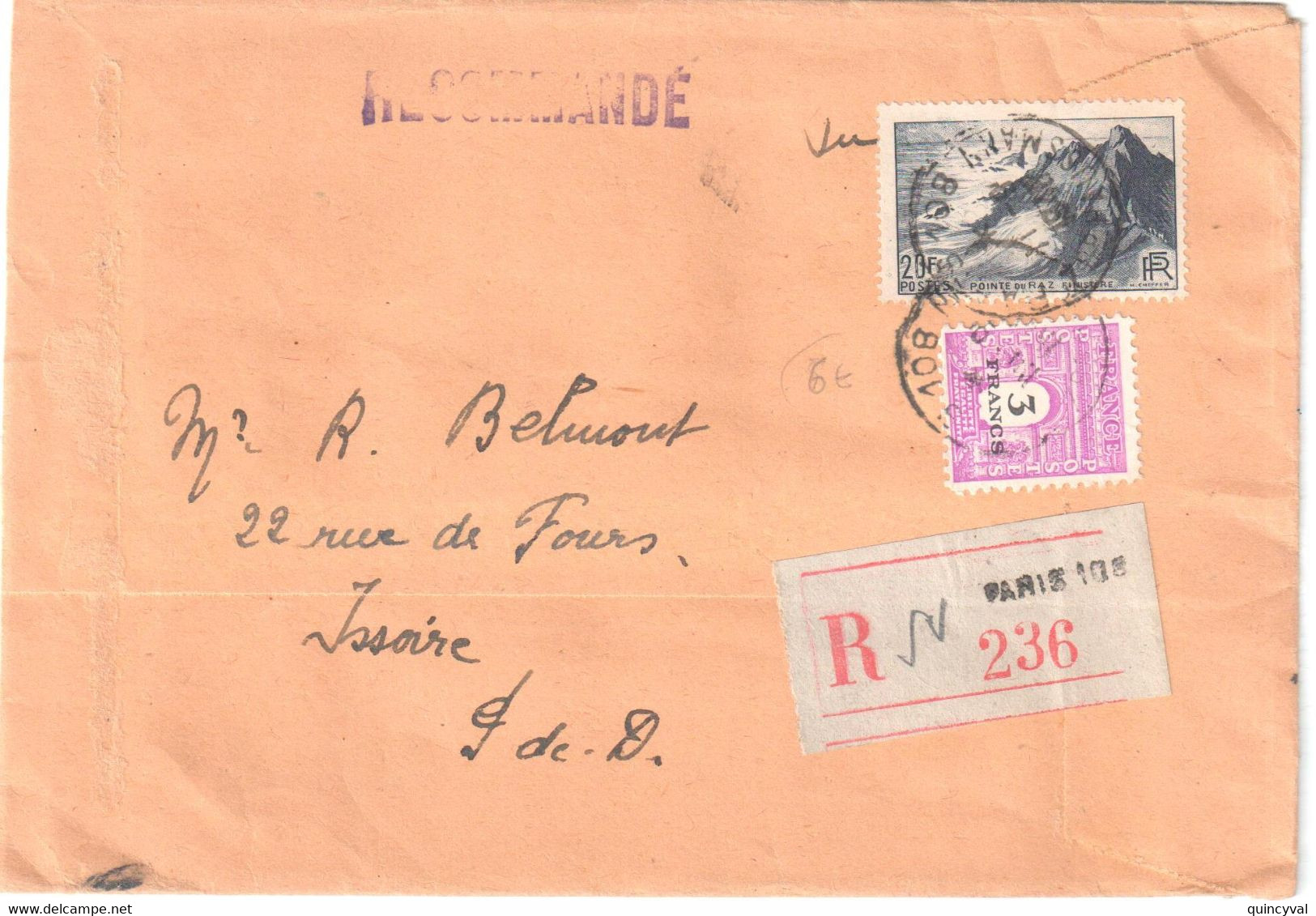 PARIS 108 Lettre Recommandée 20F Pointe Du Raz 3 F Arc De Triomphe Yv 711 764  Ob 1948 - Brieven En Documenten