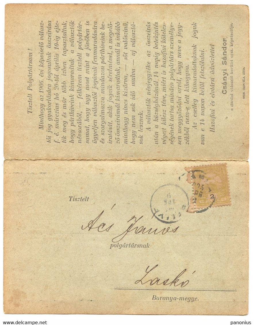 Darda Baranya ( Croatia ) Politics Elections Stationery To Fold, Traveled To Lasko Lug, Year 1905. - Baranya