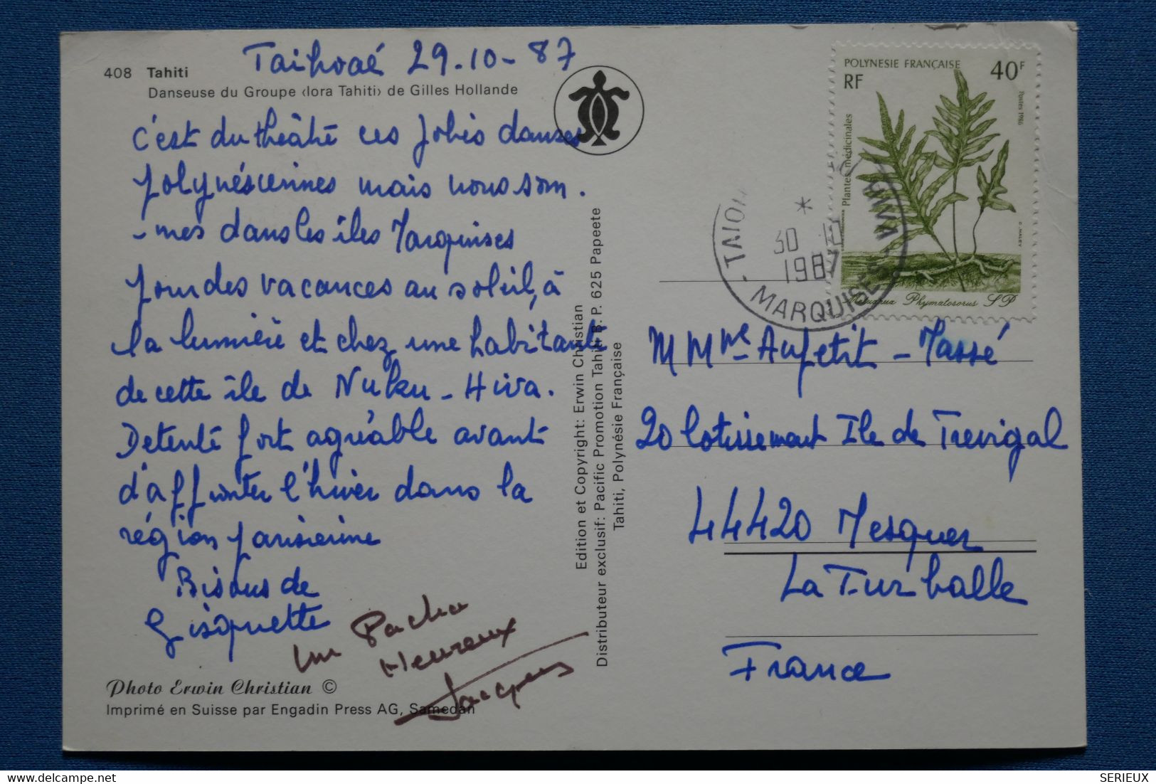 W7 POLYNESIE FRANCAISE BELLE LETTRE 1988 MARQUISES POUR LA TURBALE   + AFFRANCH. PLAISANT - Brieven En Documenten