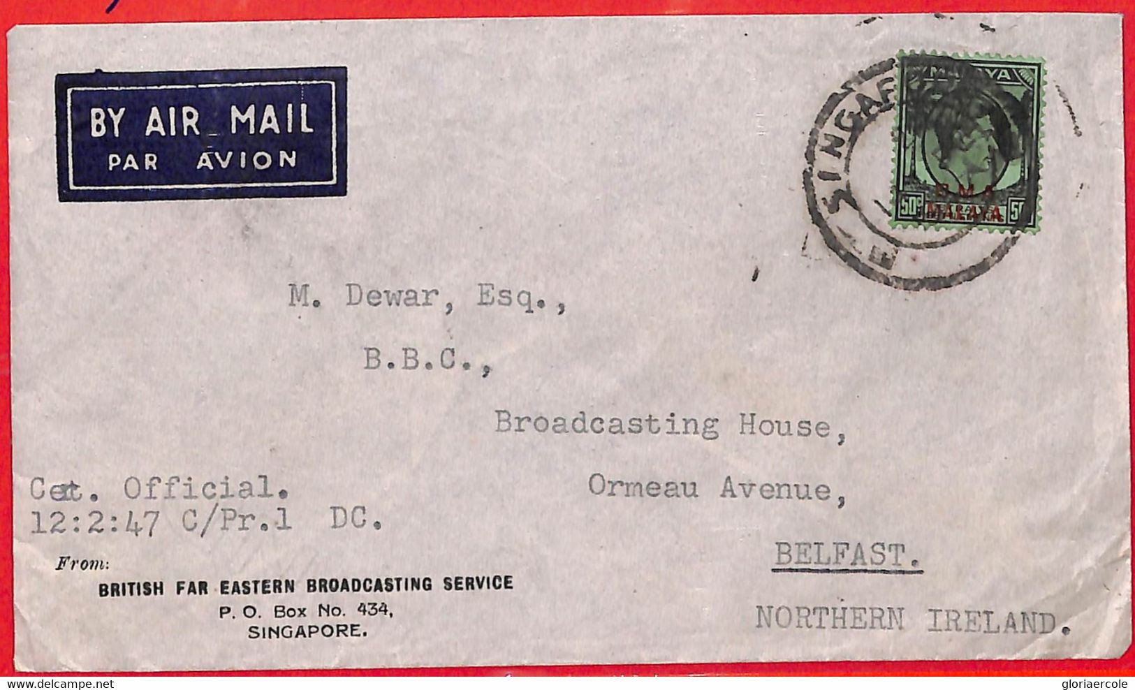 Aa3805 - MALAYA - POSTAL HISTORY -  AIRMAIL COVER From SINGAPORE To NORTHEN IRELAND 1940's - Malaya (British Military Administration)