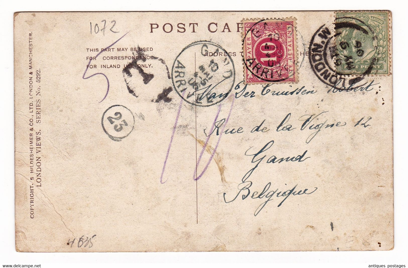 Post Card Royal Albert Hall 1906 London England Belgique Gand Taxe Angleterre - Storia Postale