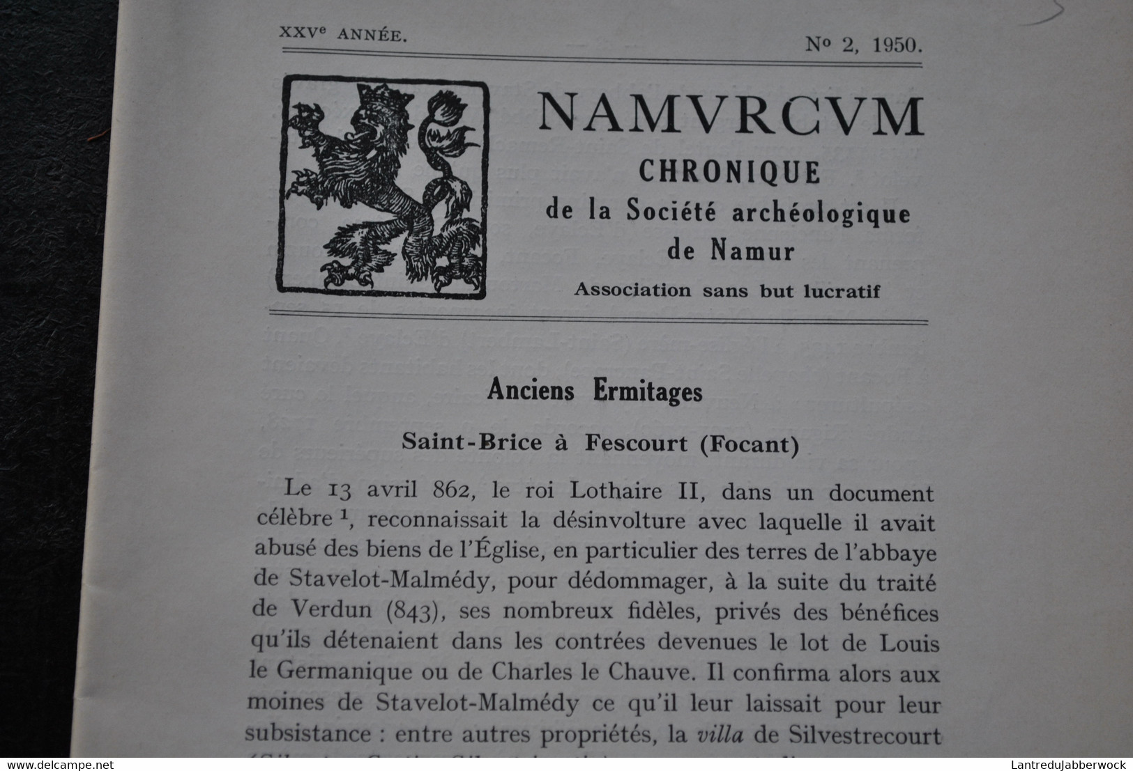 NAMURCUM SOCIETE ARCHEOLOGIQUE DE NAMUR 2 1950 Régionalisme Ancien Ermitage Saint-Brice Fescourt Focant Intaile Waulsort - België