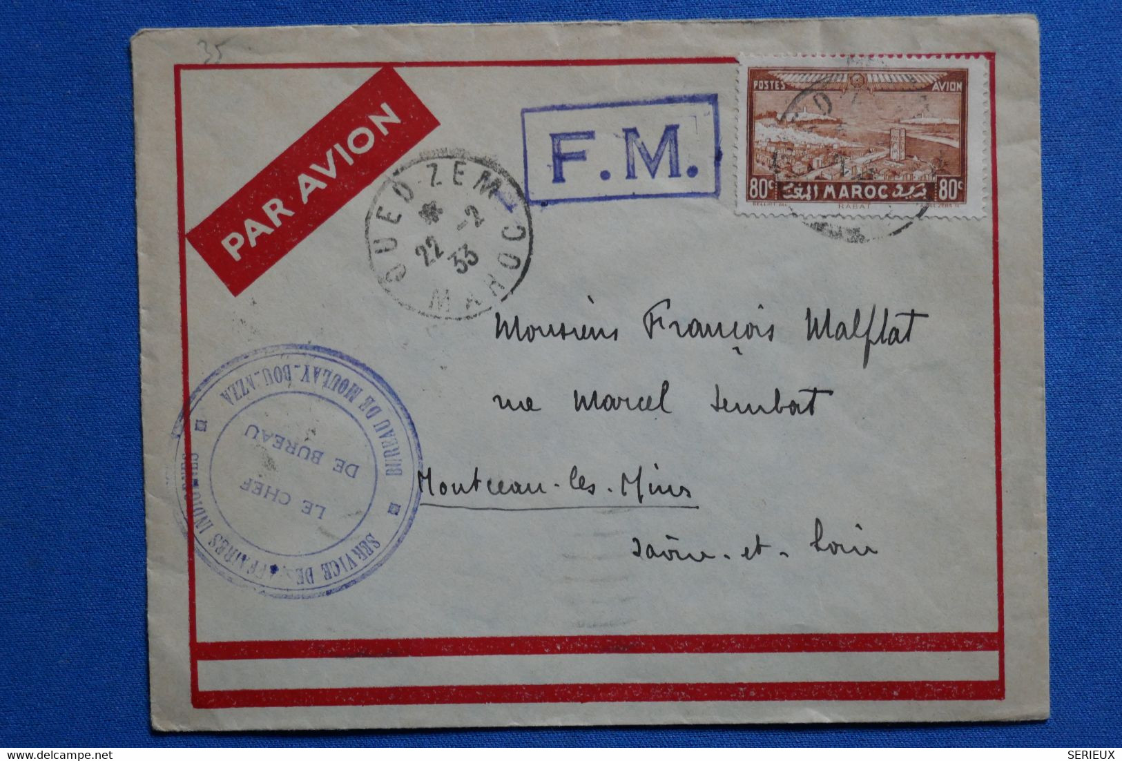 W7 MAROC  BELLE LETTRE FM RARE  1933  OUEDZEM POUR NANTERRE  FRANCE+ CACHET BLEU  + AFFRANCH. PLAISANT - Covers & Documents