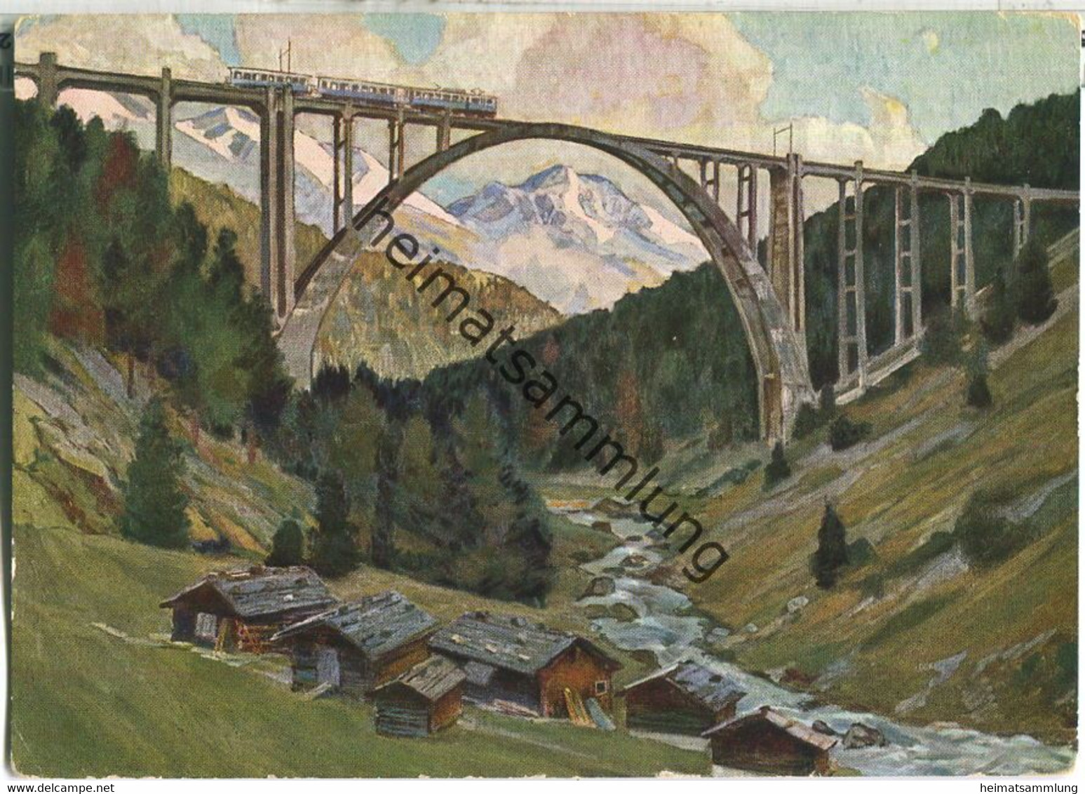 Chur-Arosa-Bahn - Viadukt Bei Langwies - Künstlerkarte H. B. Wieland - Langwies