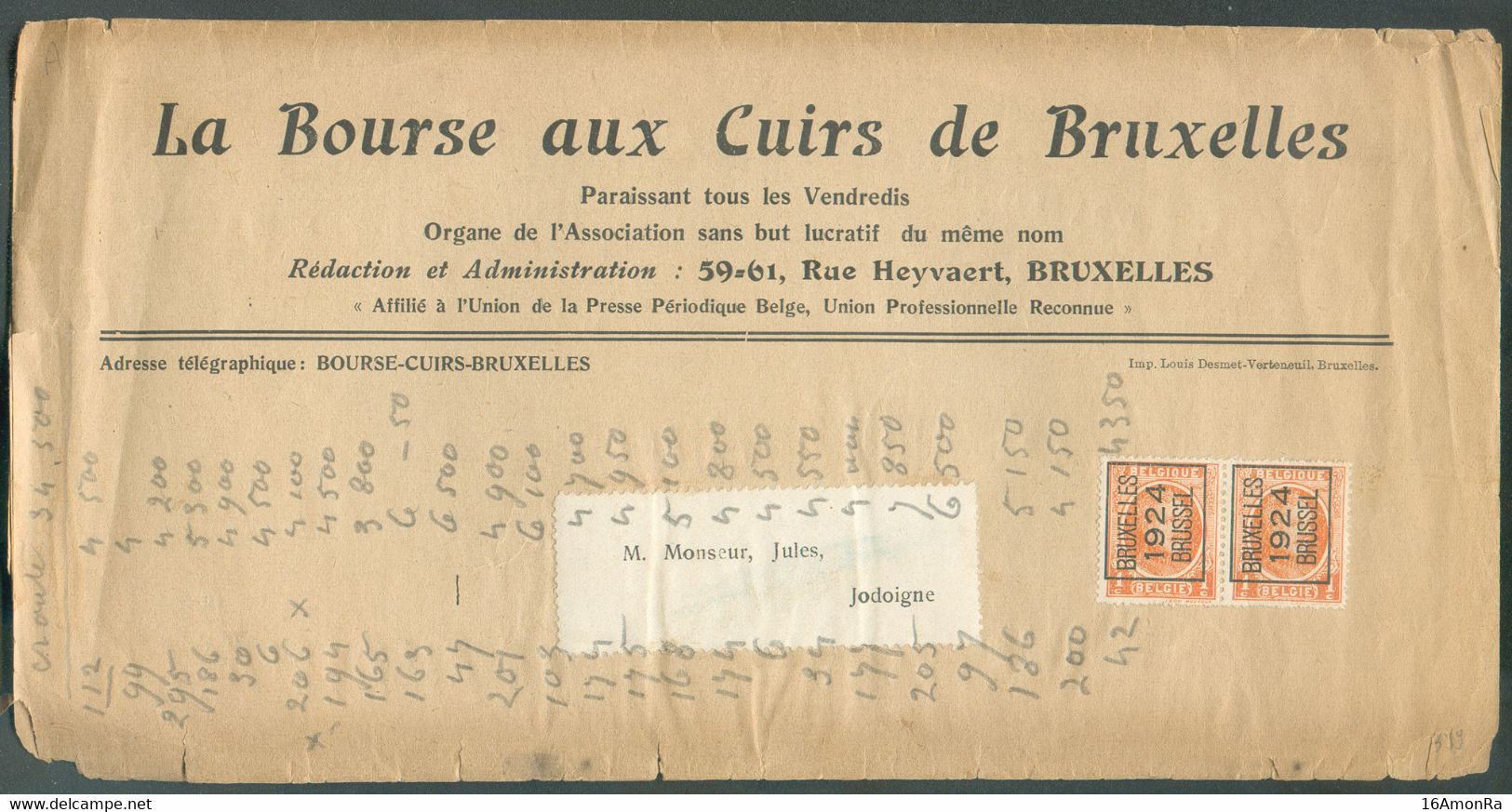 1c. HOUYOUX PREO BRUXELLES 1924 BRUSSEL Sur Journal La Bourse Aux Cuirs De Bruxelles Vers Jodoigne.  TB   - 18462 - Typos 1922-31 (Houyoux)