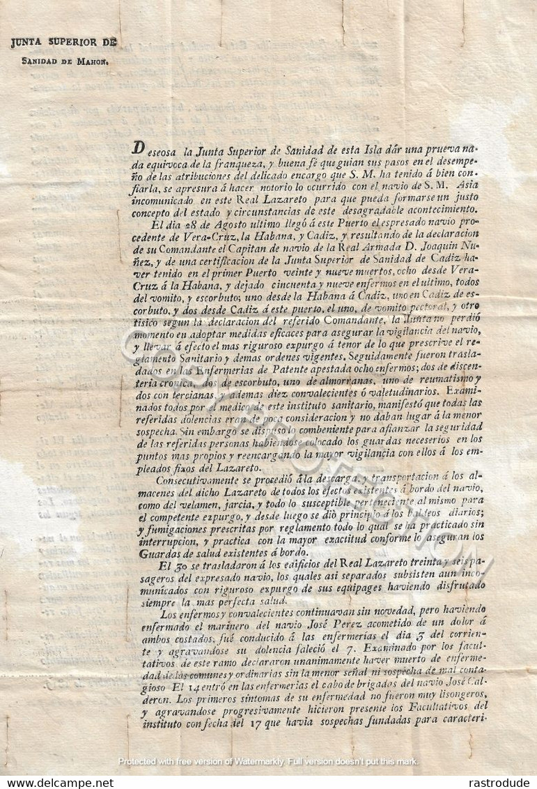 1819 MENORCA MINORCA MINORQUE - DOCUMENTO FIEBRE AMARILLA MATEO ORFILA -  LAZARETO MAHON CUARENTENA BUQUE - MUY RARO - ...-1850 Prephilately