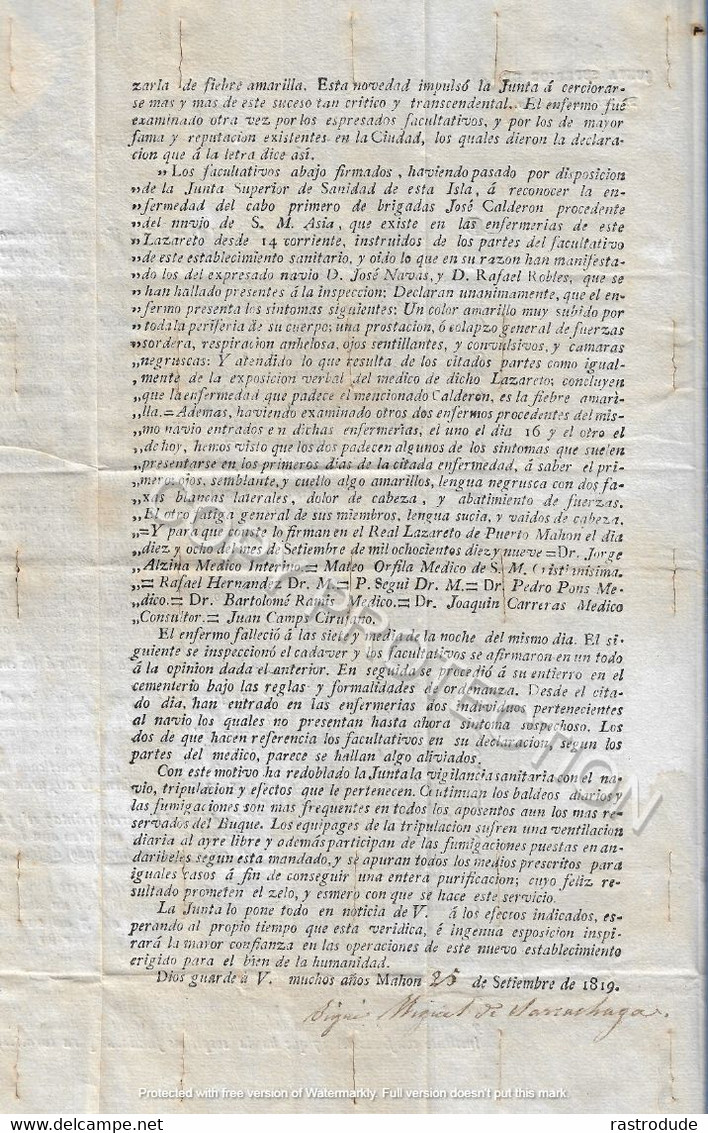 1819 MENORCA MINORCA MINORQUE - DOCUMENTO FIEBRE AMARILLA MATEO ORFILA -  LAZARETO MAHON CUARENTENA BUQUE - MUY RARO - ...-1850 Prefilatelia