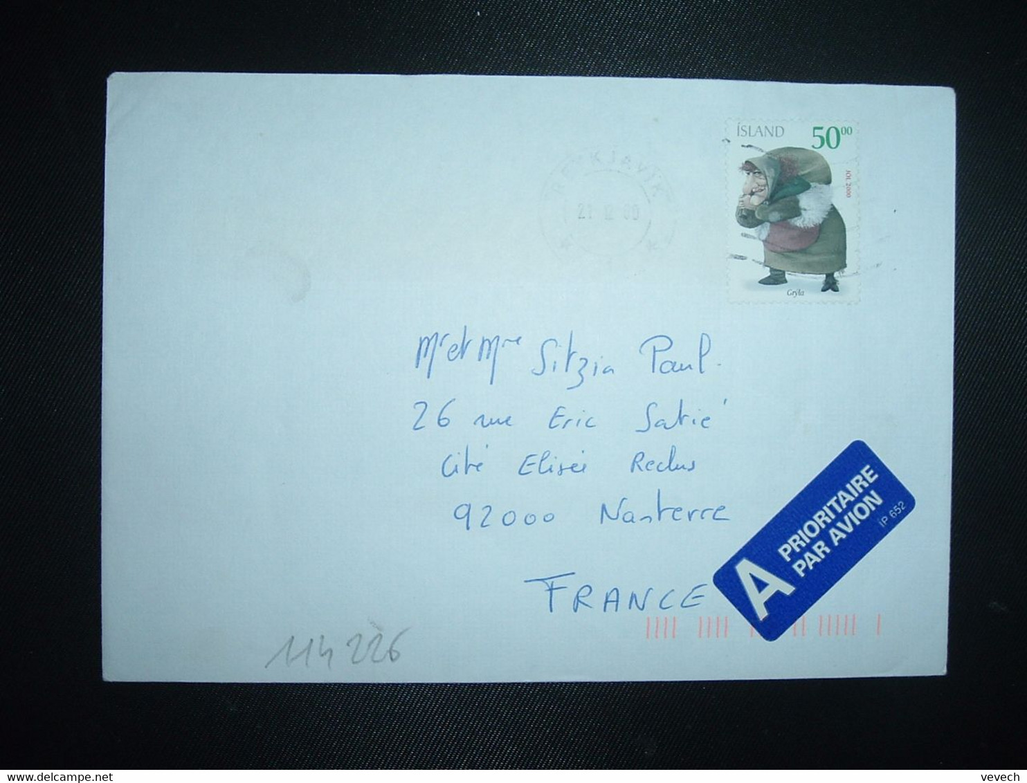 LETTRE Par Avion Pour La FRANCE TP JOL 2000 GRYLA 50 00 OBL.MEC.21 12 00 RECKJAVIK - Cartas & Documentos