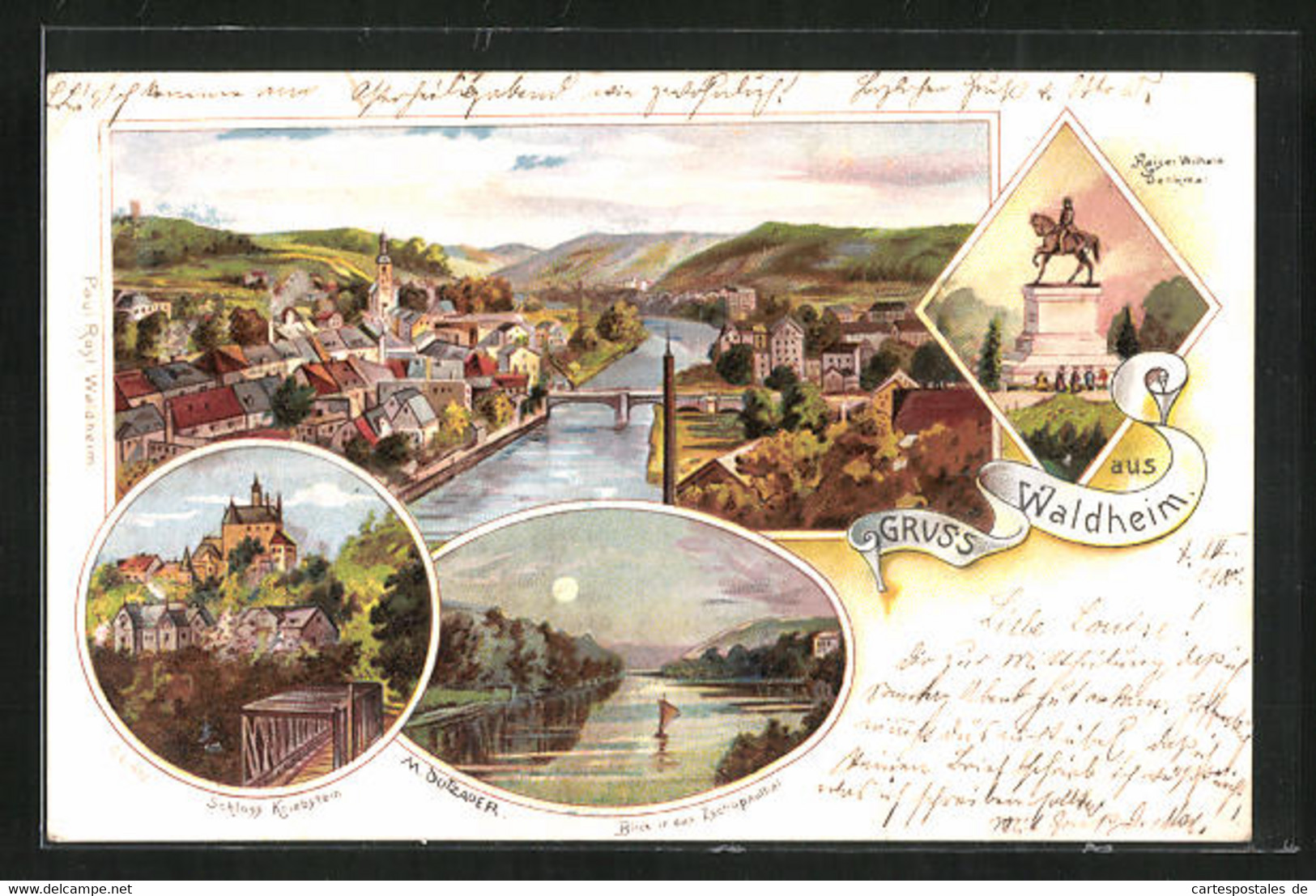 Lithographie Waldheim / Zschopauthal, Totalansicht Mit Schloss Kriebstein Und Kaiser Wilhelm-Denkmal - Zschopau