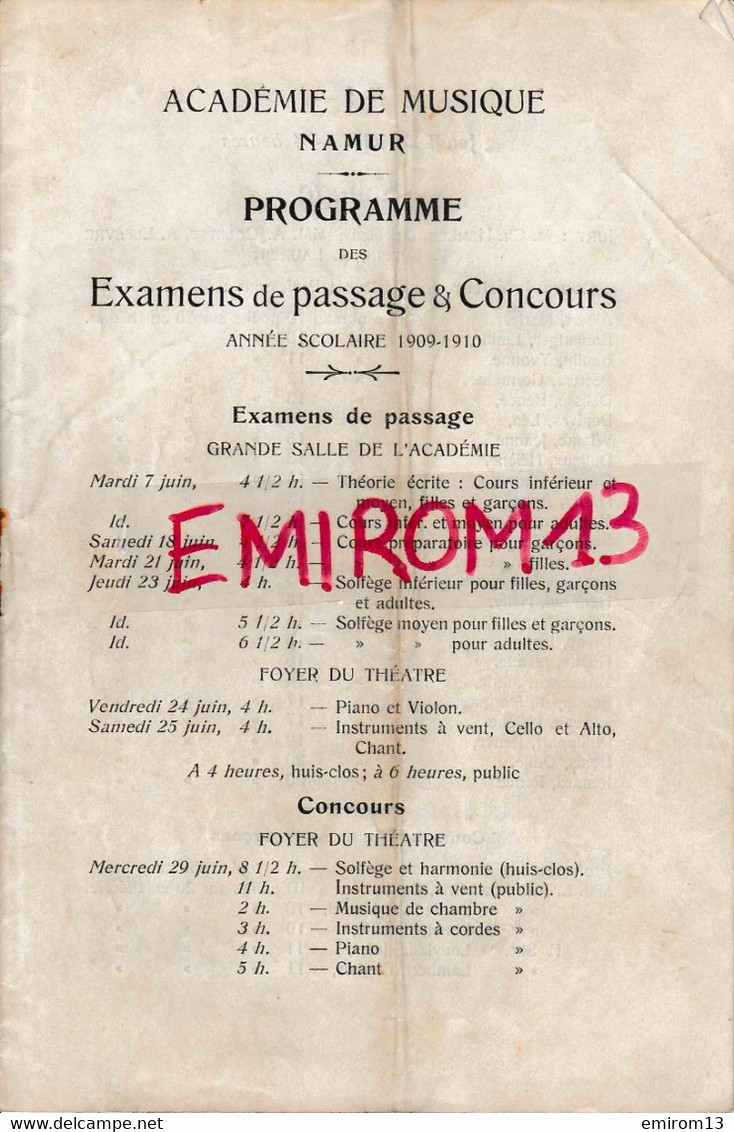 Académie De Musique De Namur Programme Examens Et Concours Année Scolaire 1909-1910 21x14cm Impr Servais Place St Aubain - Historische Documenten