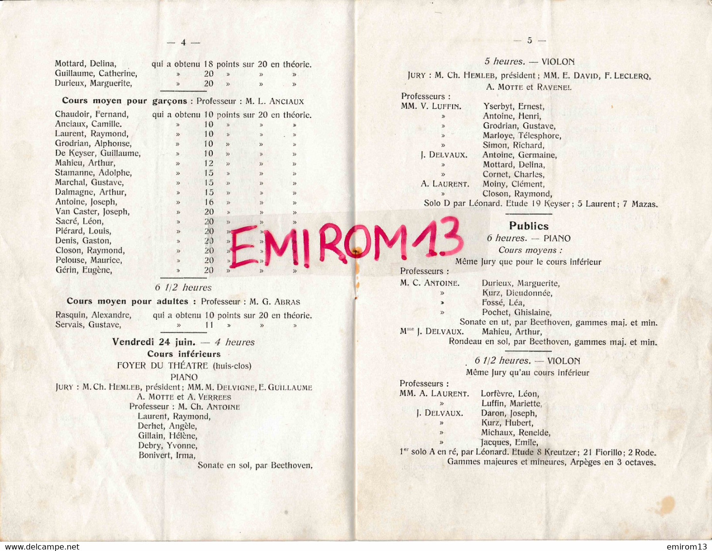 Académie De Musique De Namur Programme Examens Et Concours Année Scolaire 1909-1910 21x14cm Impr Servais Place St Aubain - Historical Documents