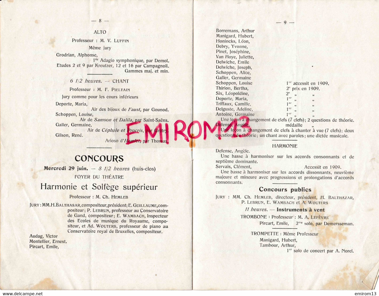 Académie de Musique de Namur programme examens et concours année scolaire 1909-1910 21x14cm Impr Servais place St Aubain