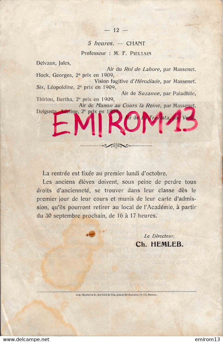 Académie de Musique de Namur programme examens et concours année scolaire 1909-1910 21x14cm Impr Servais place St Aubain