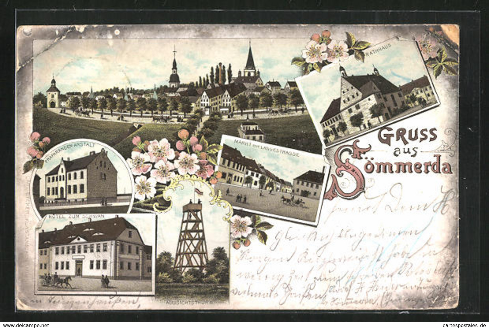 Lithographie Sömmerda, Hotel Zum Schwan, Markt Mit Langestrasse, Präparanden-Anstalt, Rathaus, Totalansicht - Soemmerda