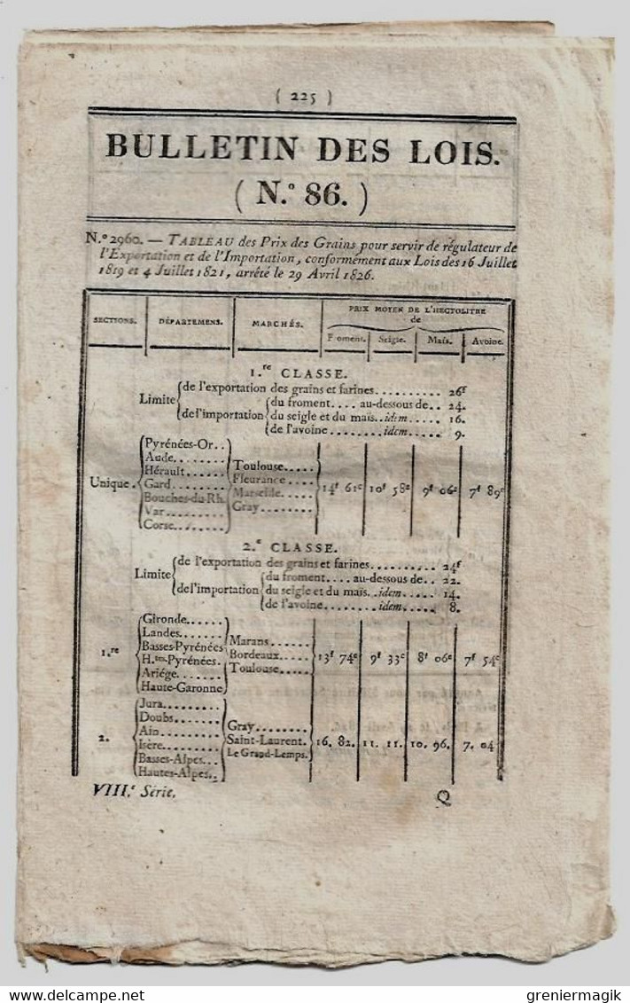 Bulletin Des Lois N°86 1826 Actions Mines De Saint-Etienne (Loire)/Droits De Navigation Canal Monsieur Losne-Besançon - Decreti & Leggi