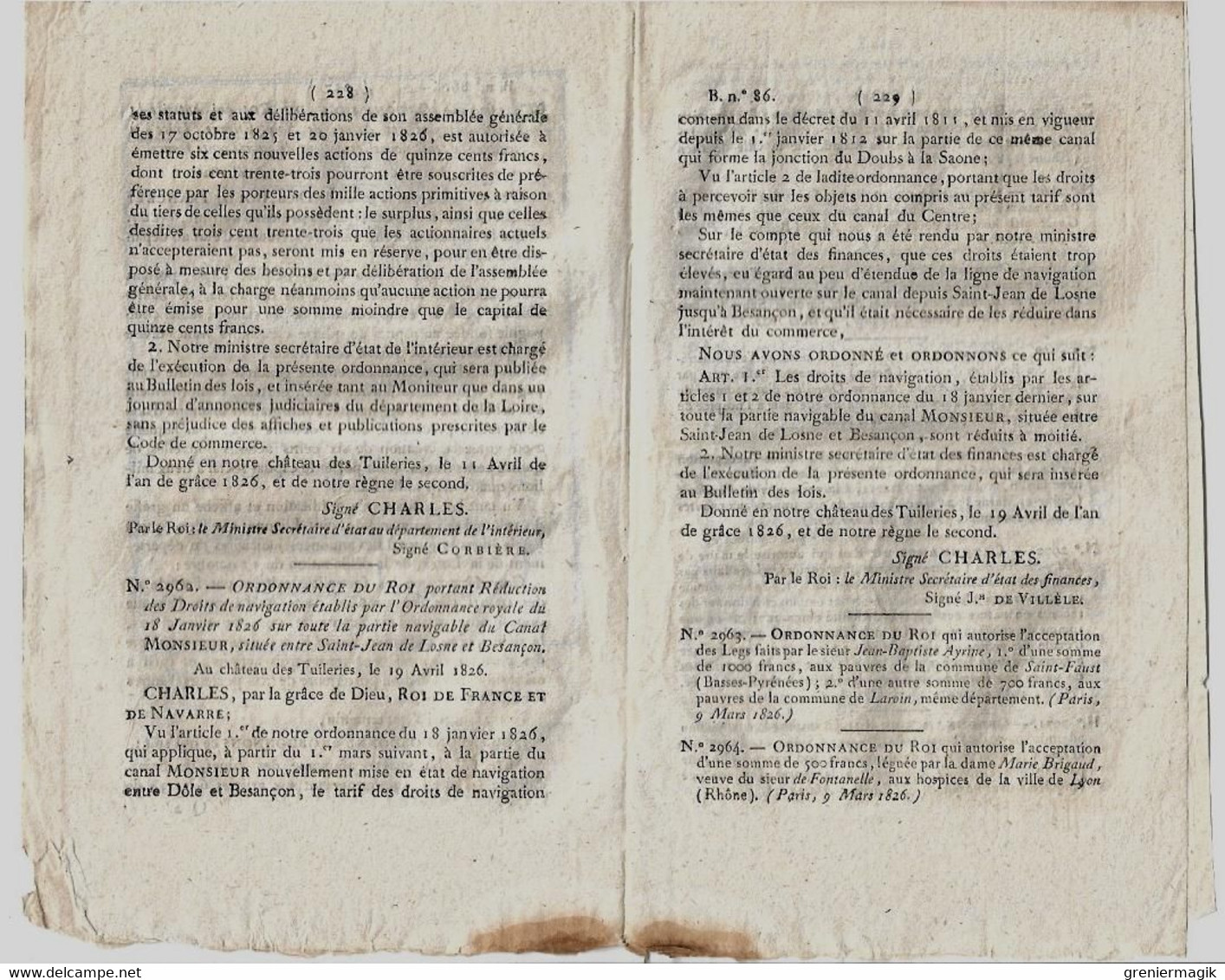 Bulletin Des Lois N°86 1826 Actions Mines De Saint-Etienne (Loire)/Droits De Navigation Canal Monsieur Losne-Besançon - Decreti & Leggi