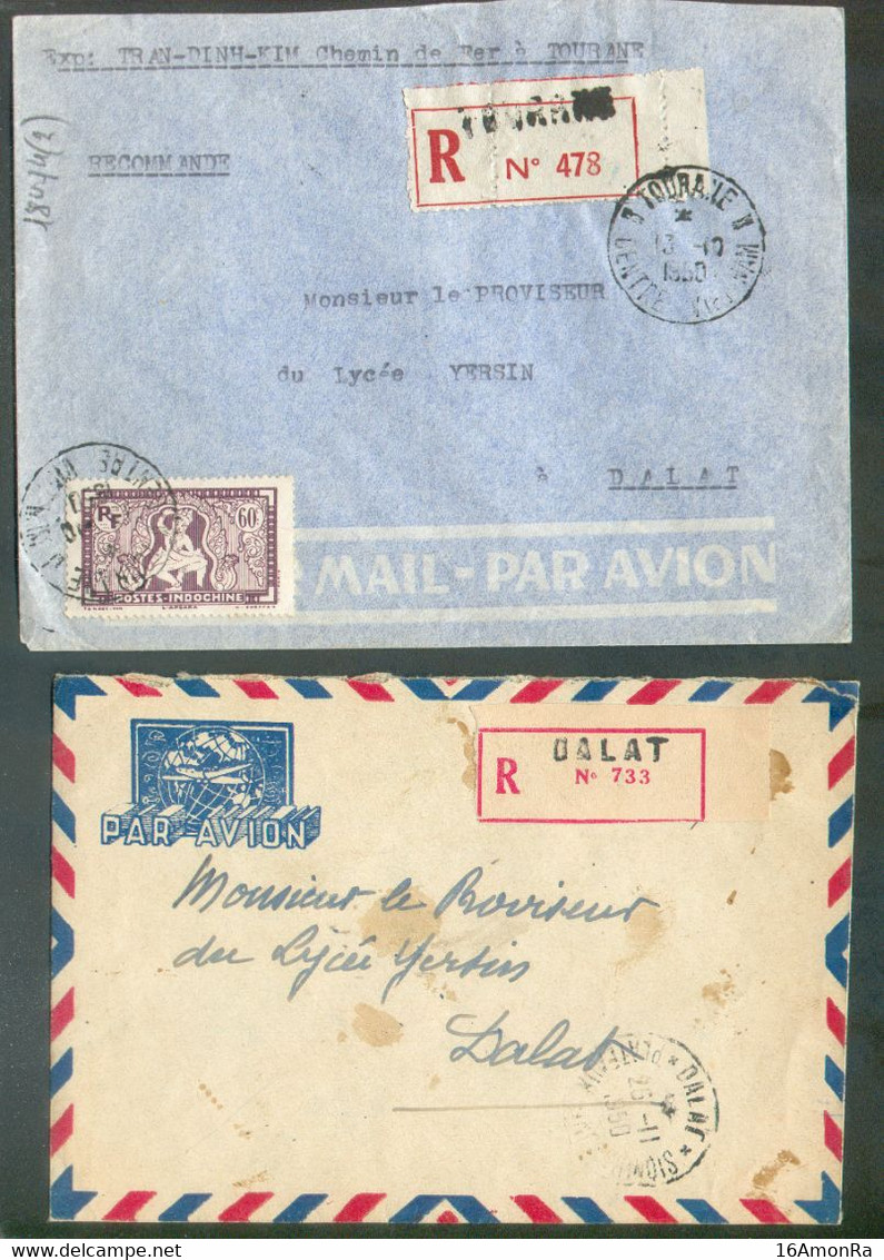 Ensemble De 2 Lettres Recommandées Et Par Avion Rvers Dalat Espectivement De DALAT 25-11-1950 Et De  TOURANNE 13-10-1950 - Posta Aerea