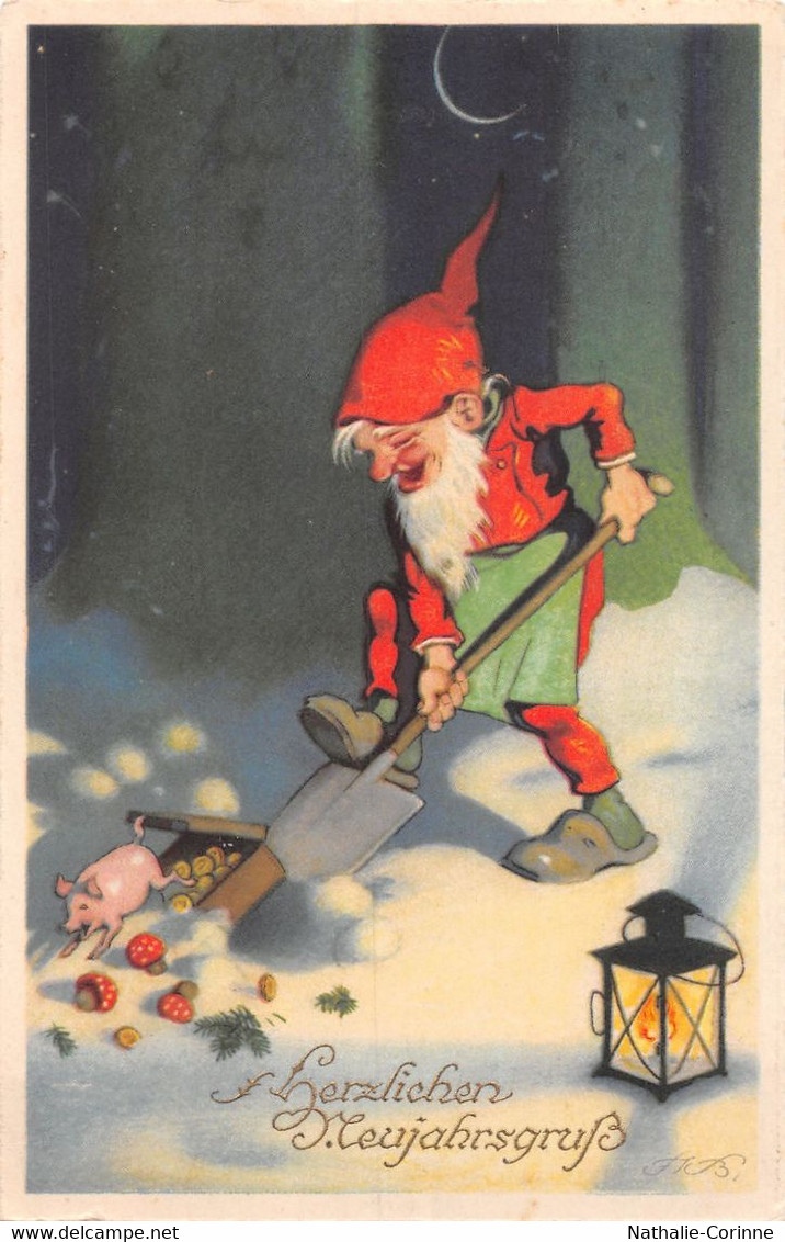 Herzlichen Neujahrsgrüss - Nain Actif Et Joyeux, Gnome, Lutin - Trésor- Pelle - Neige - Petit Cochon - Lanterne - Año Nuevo