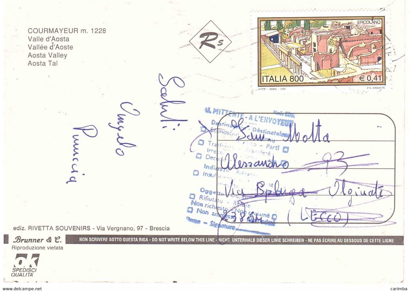 2000 £800 €0,41 ERCOLANO SU CARTOLINA COURMAYEUR - 1991-00: Storia Postale