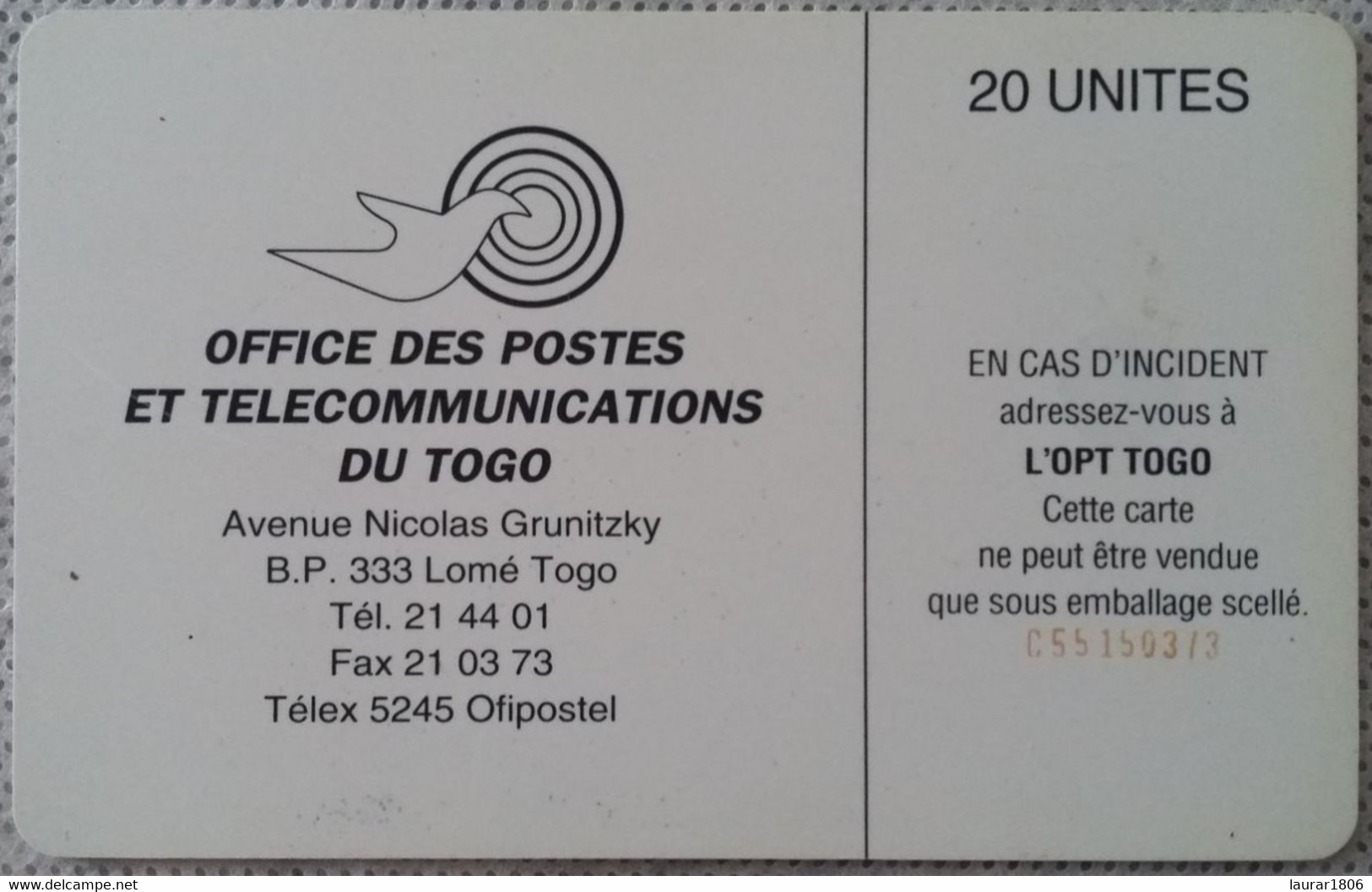TELECARTE PHONECARD - TOGO - OPTT - ANTENNE PARABOLIQUE SATELLITE - SC7 - 20u - EC - Togo