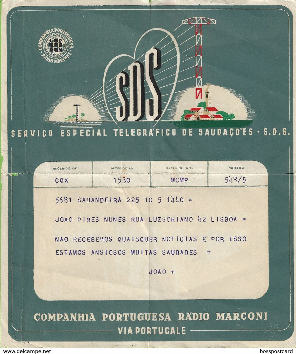 História Postal - Filatelia - Telegrama - Serviço Telegráfico Rádio Marconi - Telegram - Philately Portugal (danificado) - Covers & Documents