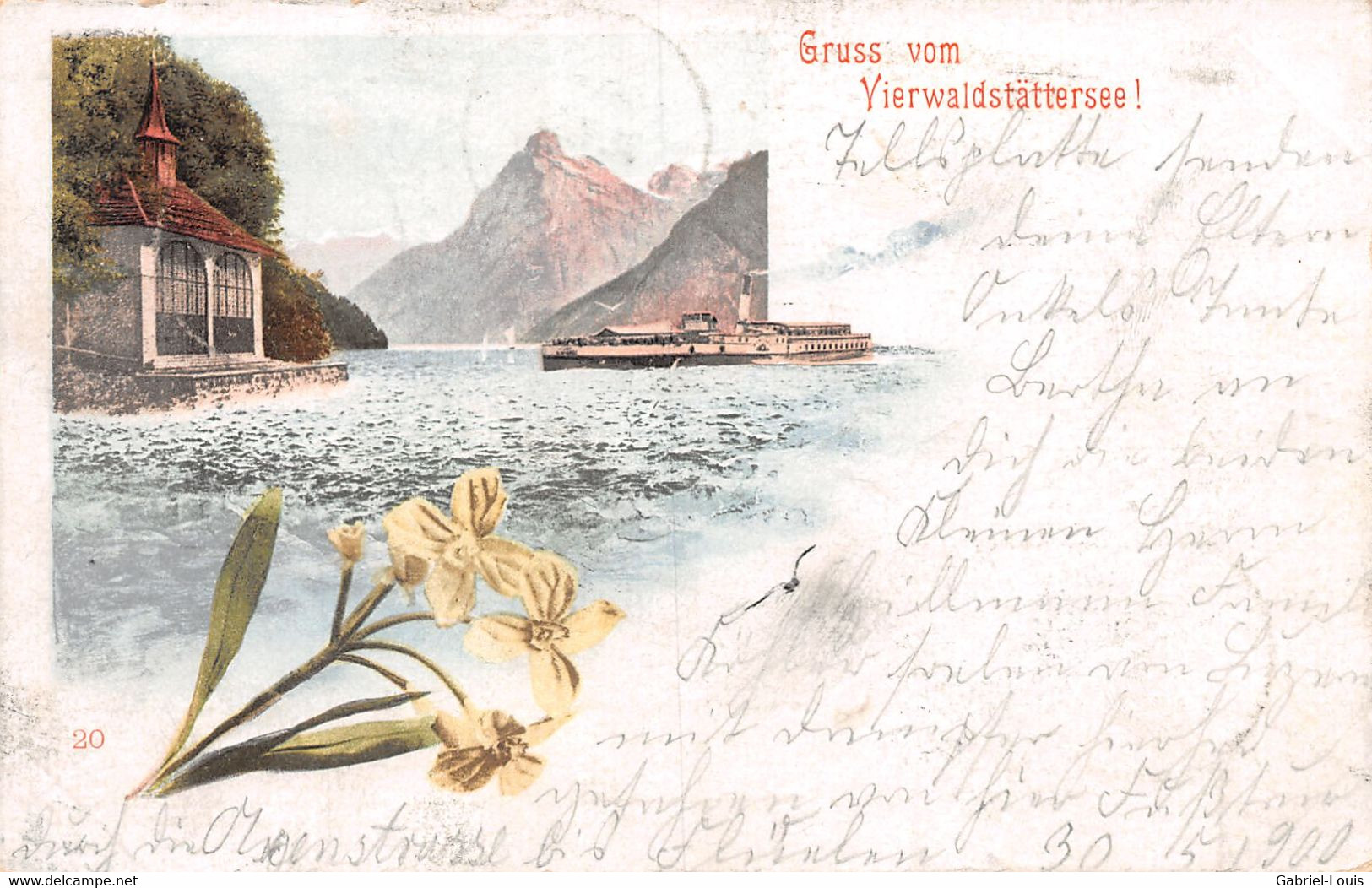 Gruss Vom Vierwaldstättersee Flüelen Tellskapelle  Litho Steamer Dampfer - Bateau à Vapeur - Dampfschiff - Narzisse 1900 - Flüelen