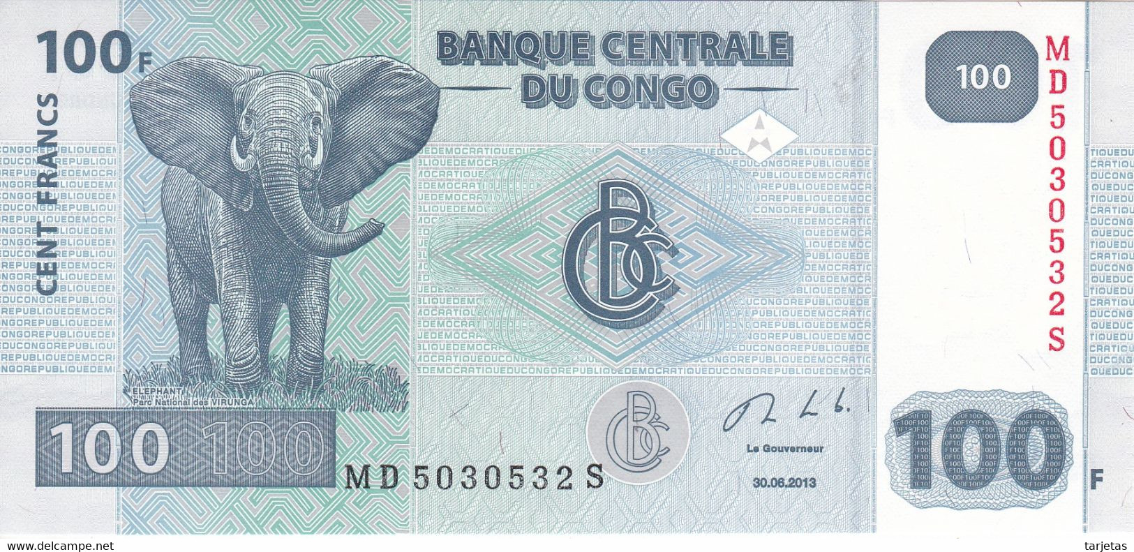 BILLETE DE EL CONGO DE 100 FRANCS DEL AÑO 2013 SIN CIRCULAR (ELEFANTE-ELEPHANT)(BANK NOTE) UNCIRCULATED - Republik Kongo (Kongo-Brazzaville)