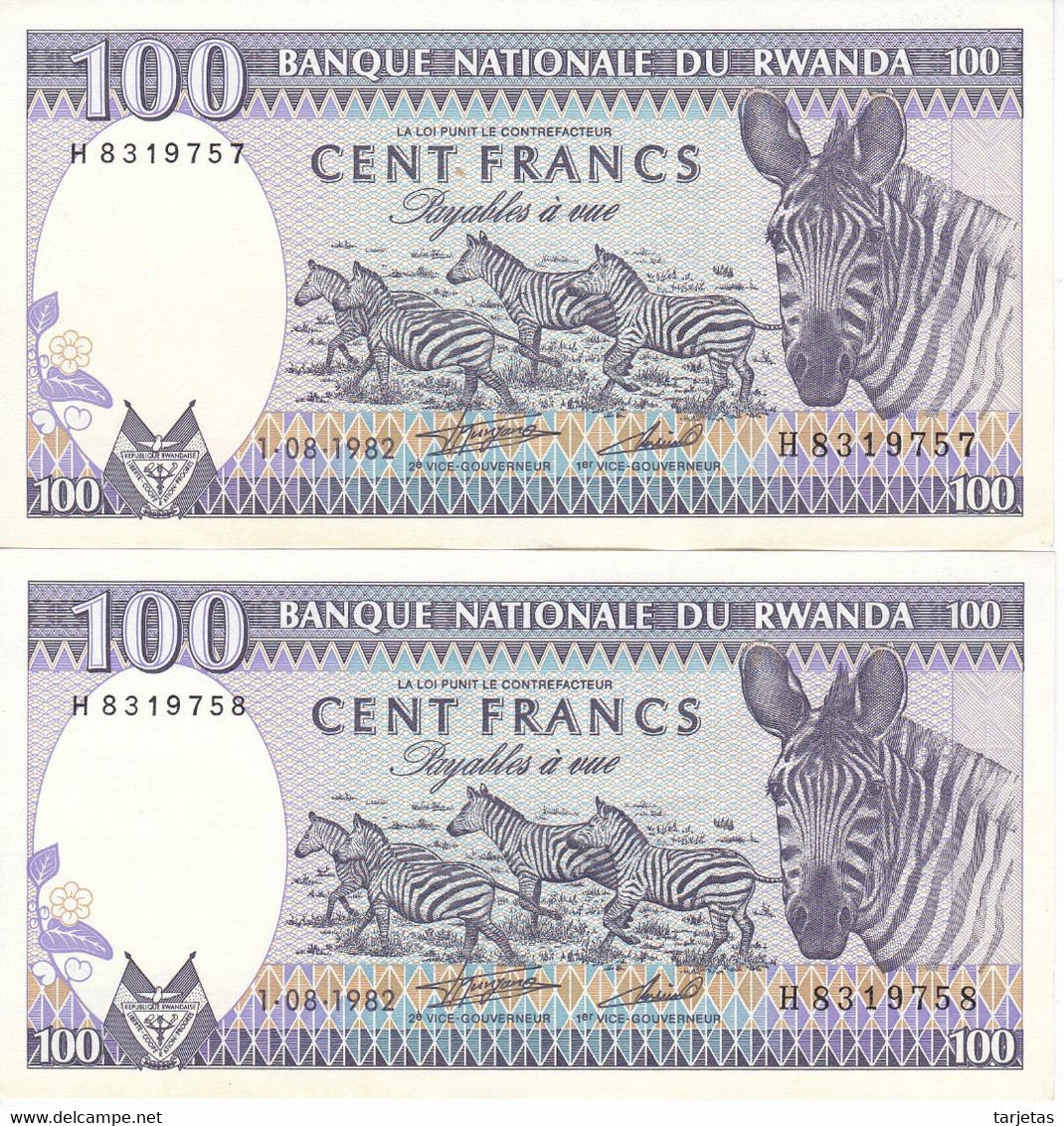 PAREJA CORRELATIVA DE RWANDA DE 100 FRANCS DEL AÑO 1982 CALIDAD EBC (XF) (BANKNOTE) CEBRA-ZEBRA - Rwanda