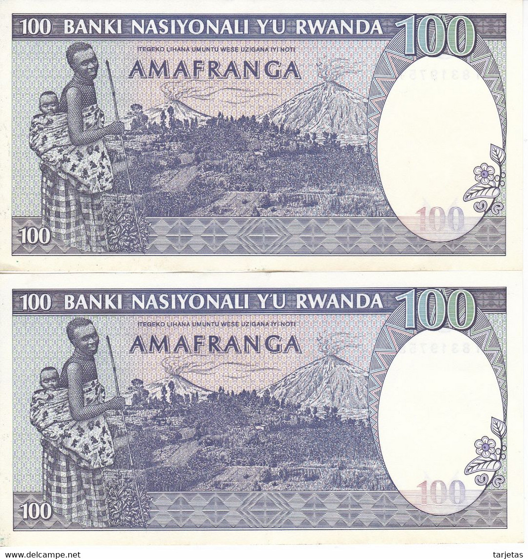 PAREJA CORRELATIVA DE RWANDA DE 100 FRANCS DEL AÑO 1982 CALIDAD EBC (XF) (BANKNOTE) CEBRA-ZEBRA - Rwanda