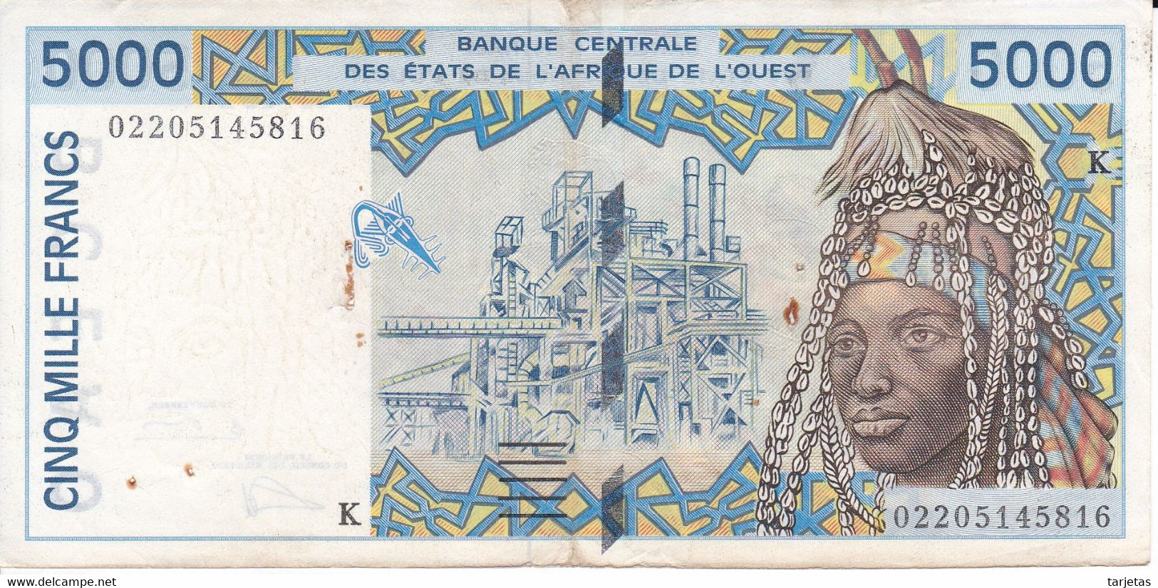 BILLETE DE SENEGAL DE 5000 FRANCS DEL AÑO 2002 LETRA K (BANK NOTE) - Senegal