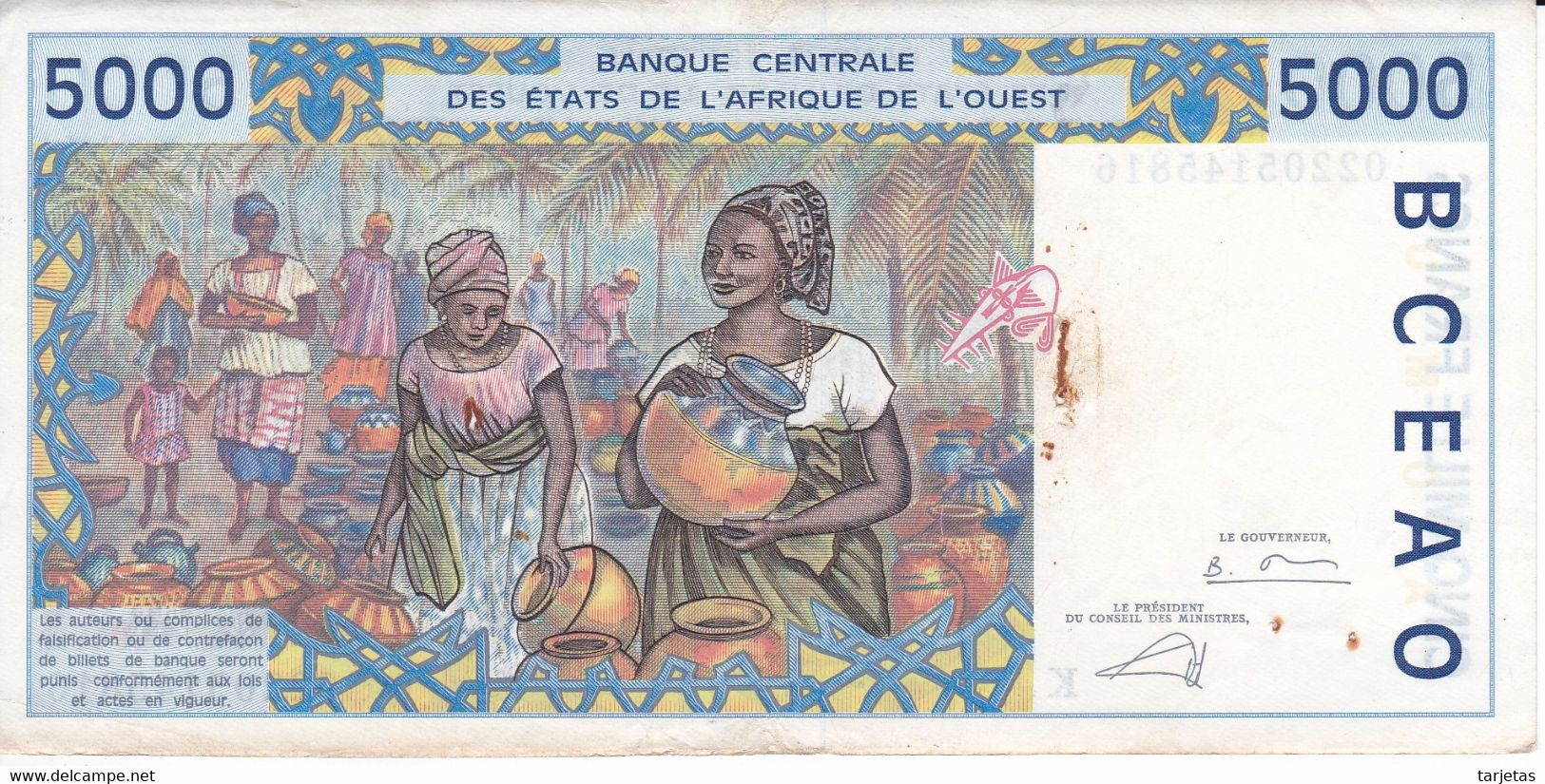 BILLETE DE SENEGAL DE 5000 FRANCS DEL AÑO 2002 LETRA K (BANK NOTE) - Senegal