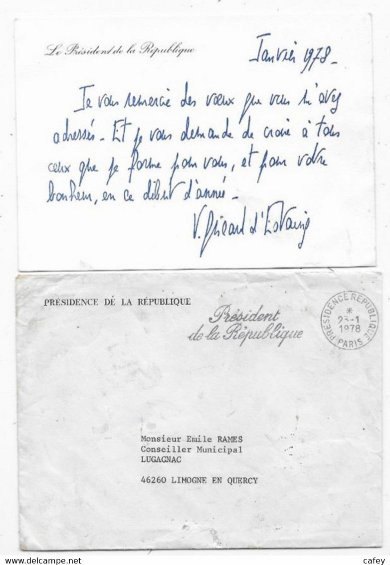 Lettre De La Présidence 1978 Carte De Visite écrite Et Signée V.GISCARD D'ESTAING - Altri & Non Classificati