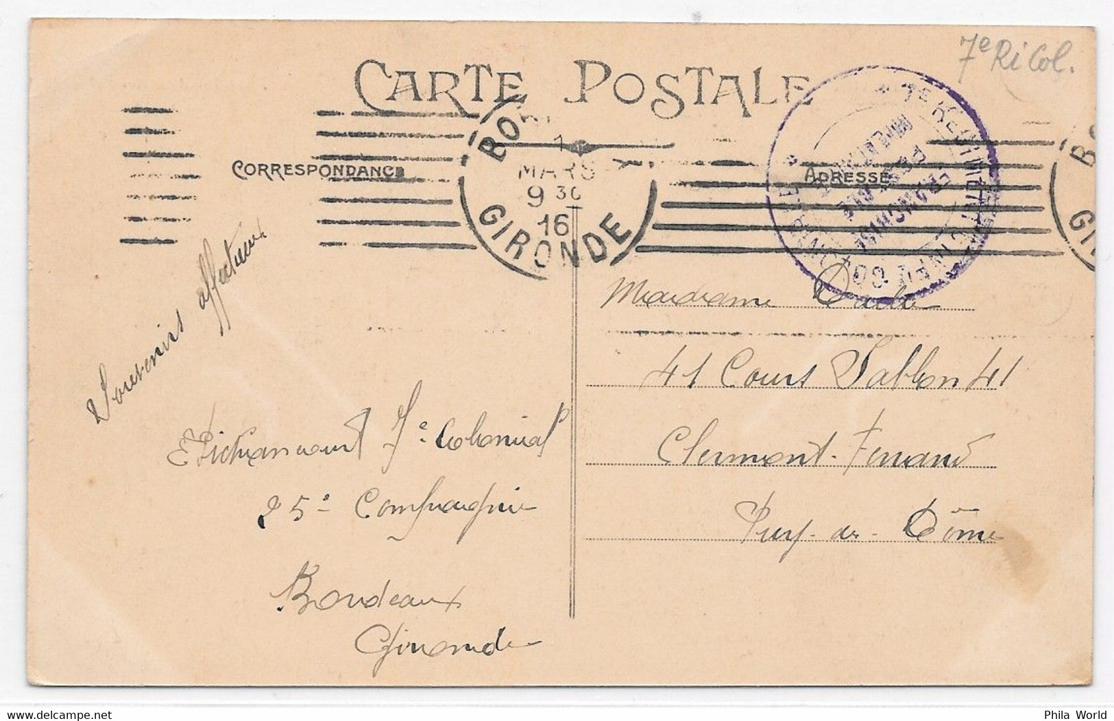 WW1 1916 FRANCHISE POSTALE MILITAIRE 7e Régiment INFANTERIE COLONIALE CPA Bordeaux Gironde Fontaine Girondins - Guerre De 1914-18