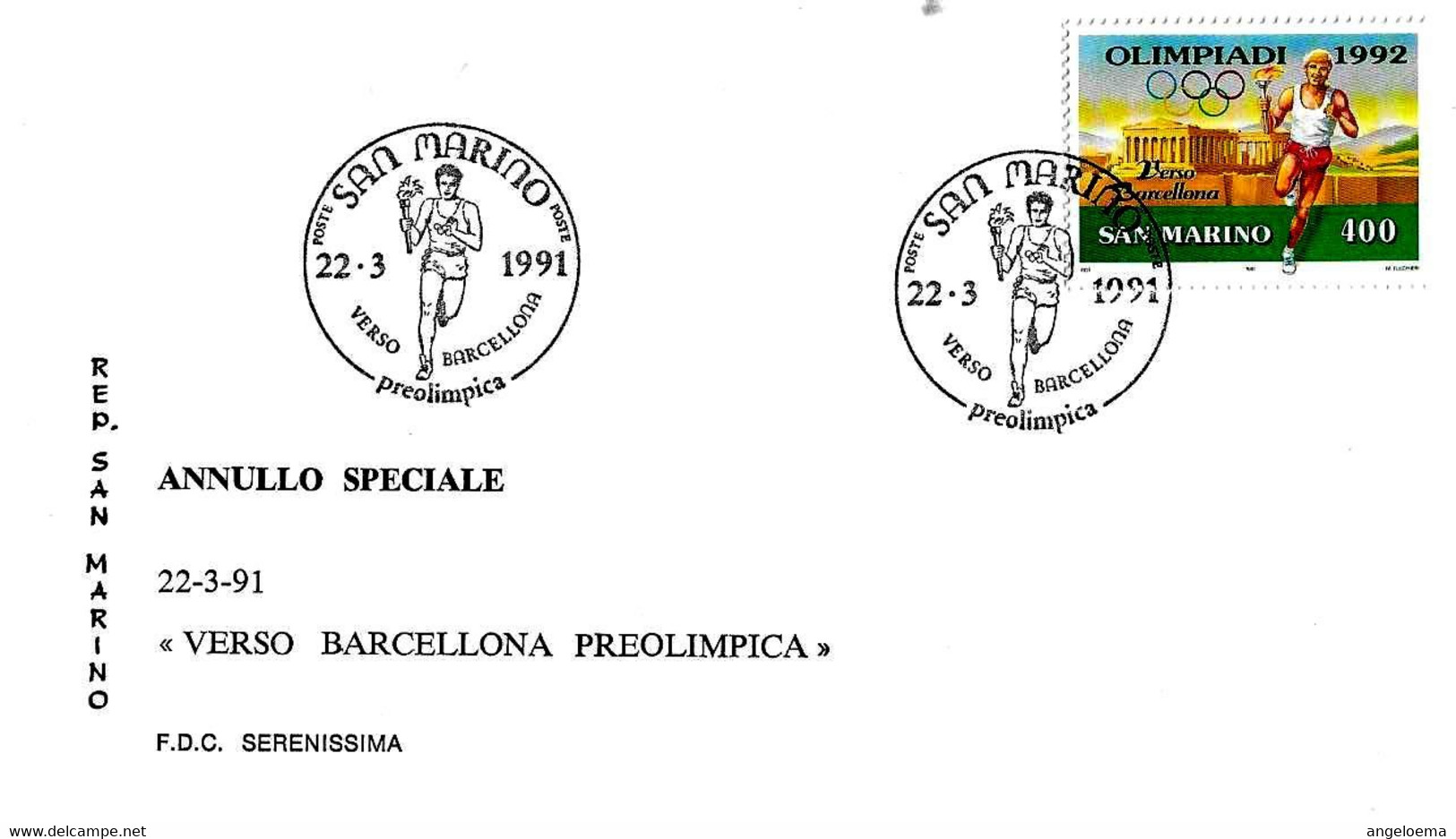 SAN MARINO - 1991 Verso Barcellona (tedoforo, Fiaccola Olimpica) Su Busta Speciale Serenissima - 930 - Verano 1992: Barcelona