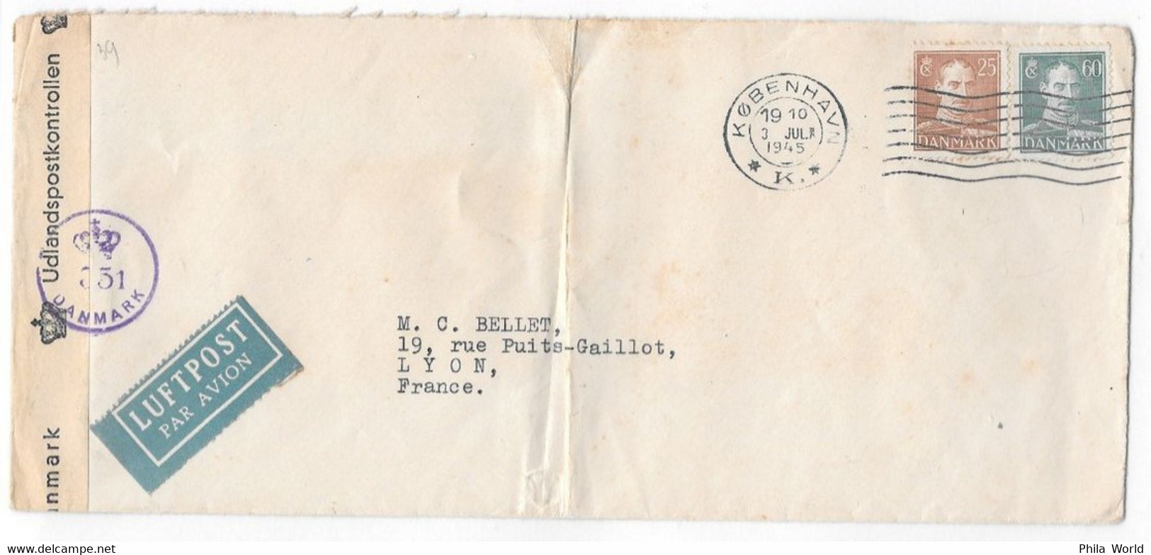 WW2 DENMARK 1945 Airmail Local Censored Cover Copenhague To FRANCE Lyon - MIT LUFTPOST PAR AVION DANMARK - Luftpost