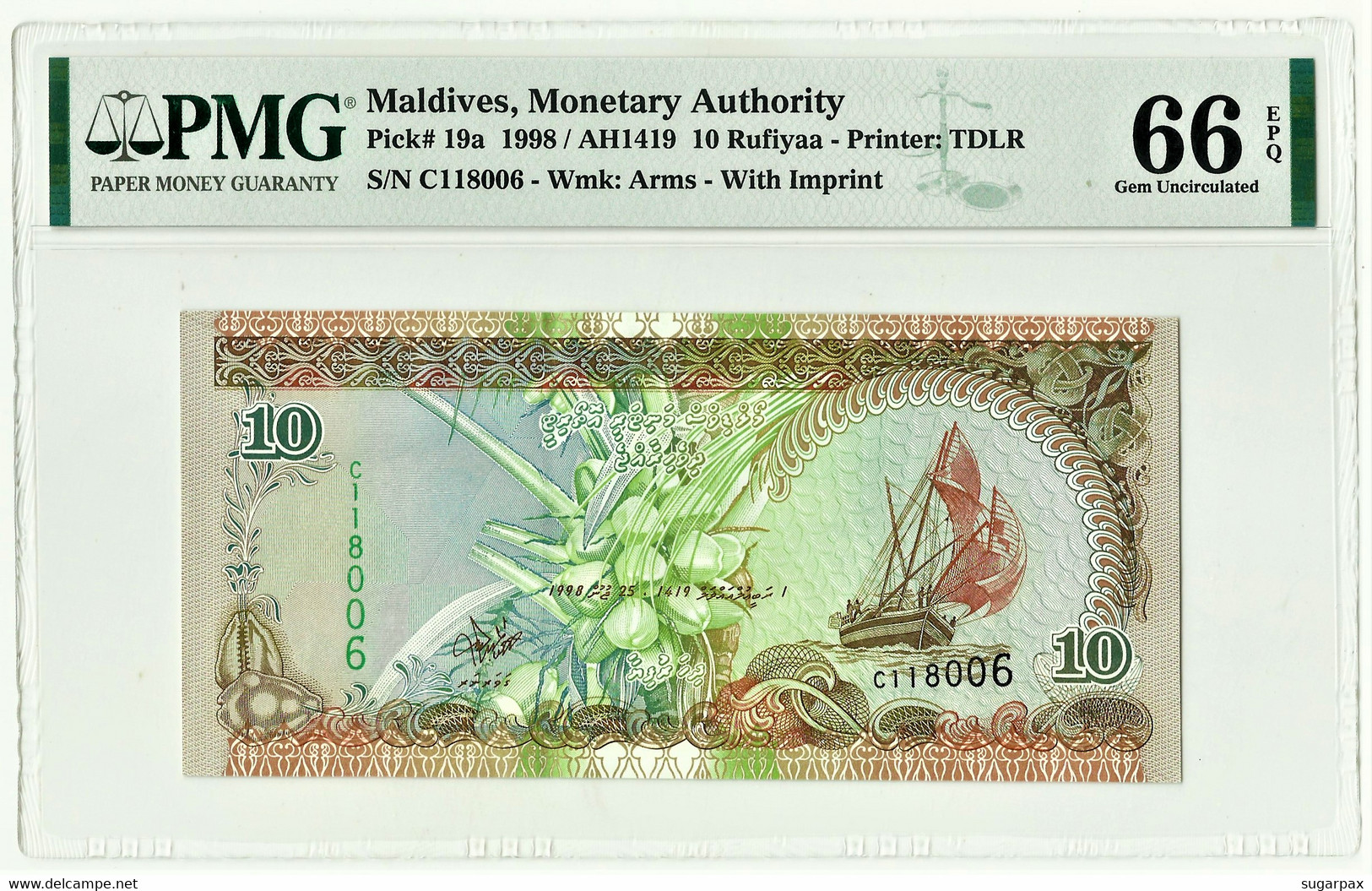 MALDIVES - 10 Rufiyaa - 1998 - GEM UNC. - P 19.a - PMG 66 - Serie C - Dhow - Monetary Authority - Maldivas