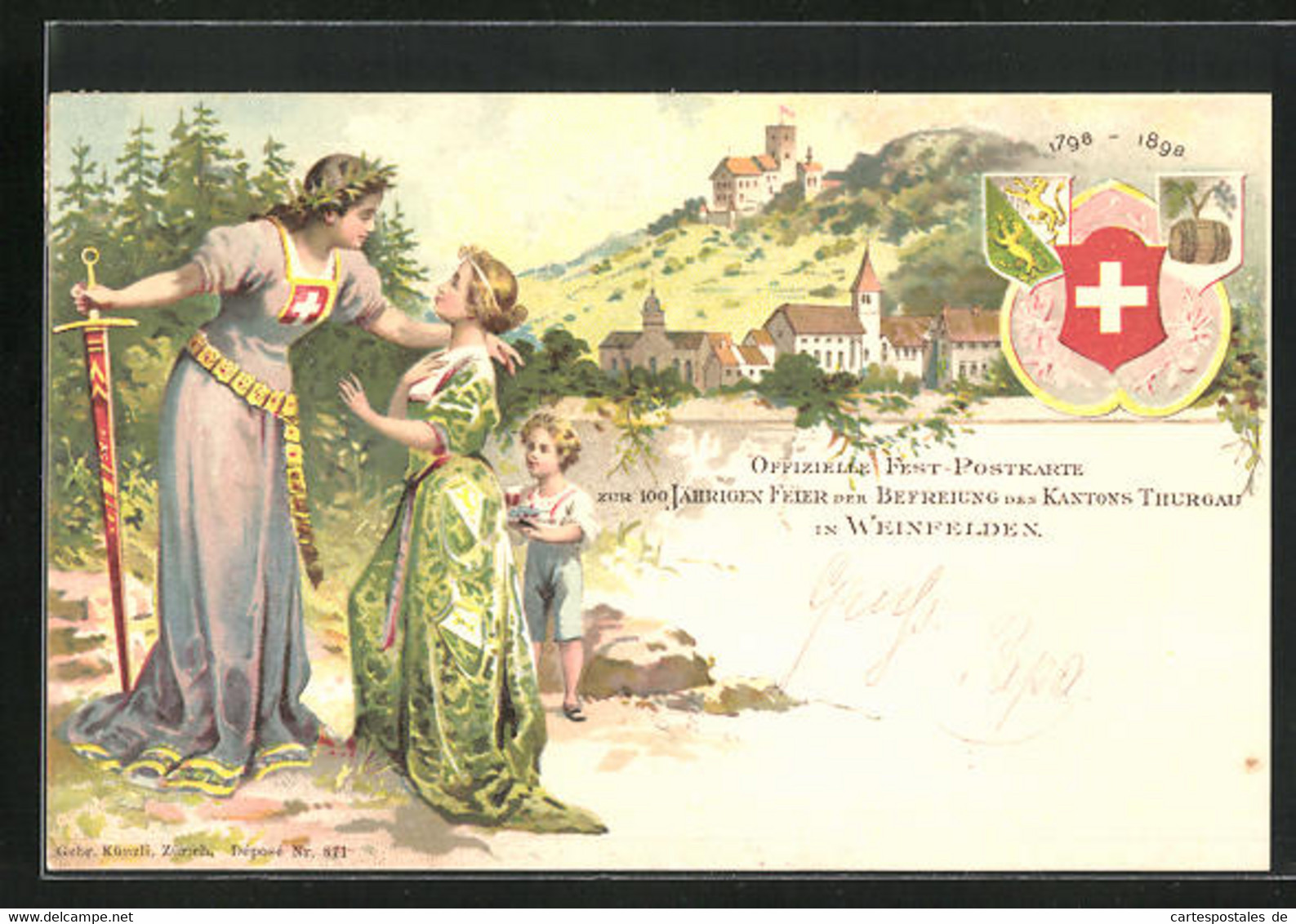 Künstler-AK Weinfelden, Fest-Postkarte Zur 100 Jährigen Feier Der Befreiung Des Kantons Thurgau 1798-1898, Ortspartie - Weinfelden