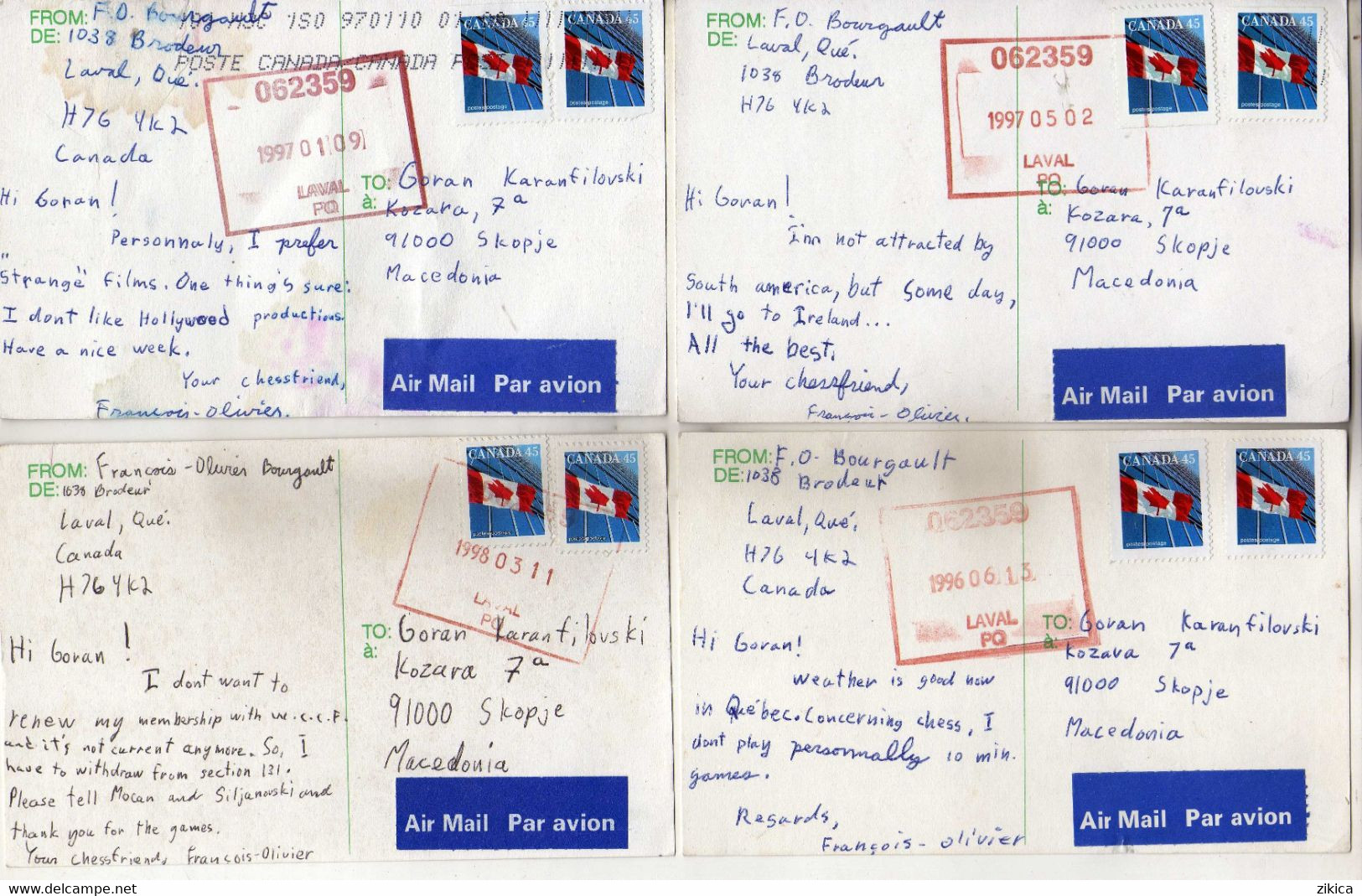 Correspondence LOT - 11 Chess Postcards 1996/97 Via Macedonia - échecs / Schach / Scacchi / Ajedrez,stamps Canada Flag - Briefe U. Dokumente