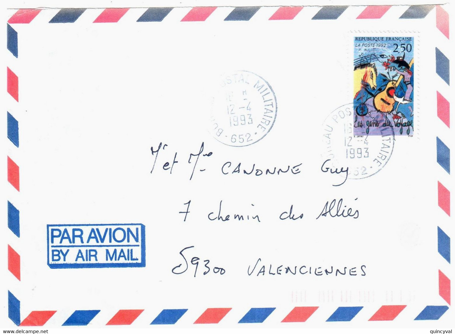 BUREAU POSTAL MILITAIRE 652 Lettre 2,50 F Les Gens Du Voyage Yv 2784 Ob 12 4 1993 Exp 102° EPC - Cachets Militaires A Partir De 1900 (hors Guerres)