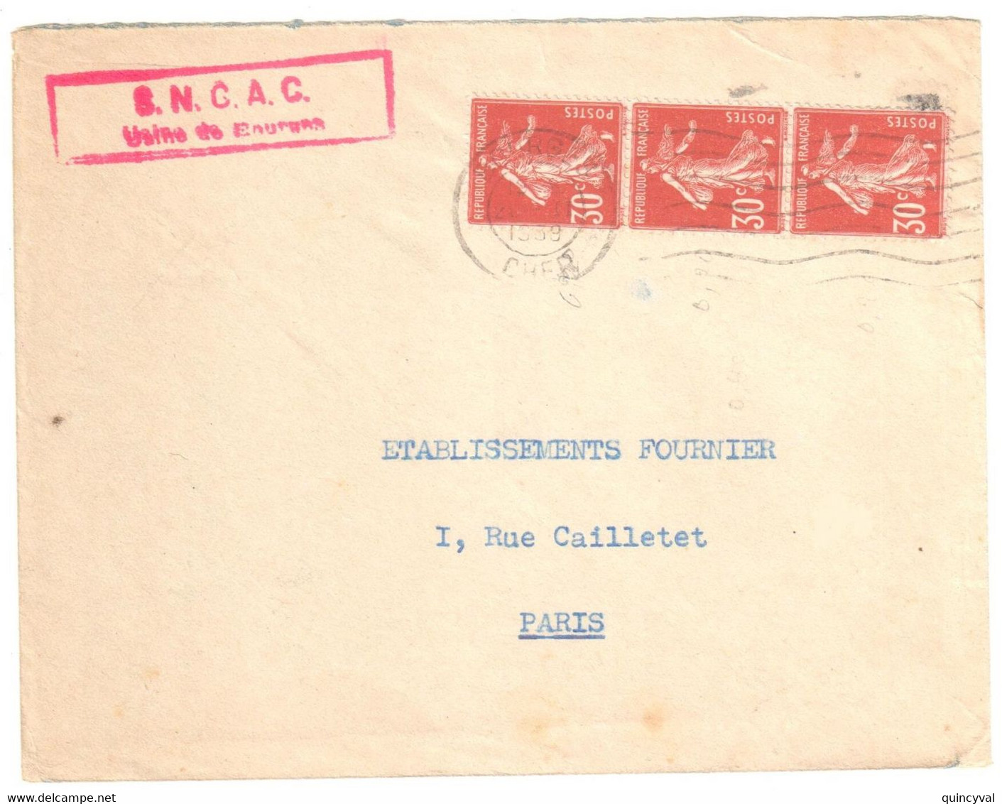 BOURGES Cher Lettre Entête SNCAC 30c Semeuse Rouge Sombre Bande De 3 Yv 360 Ob Meca 20 2 1939 - Cartas & Documentos