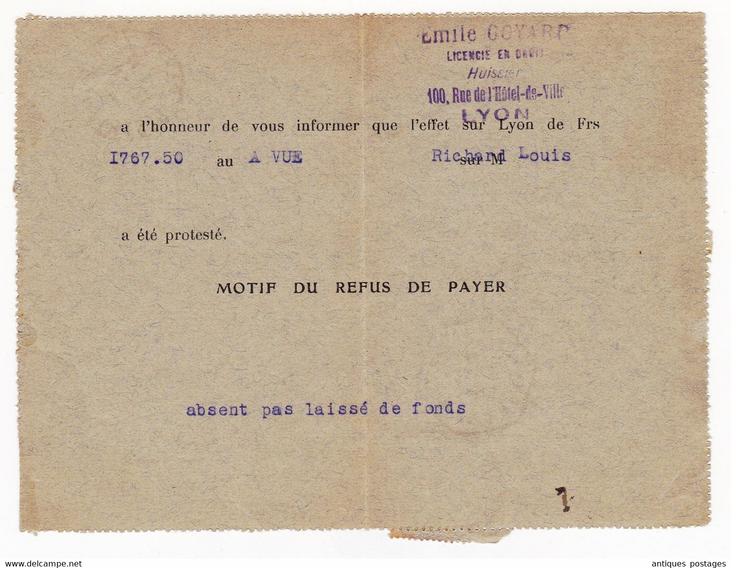 Lettre Recommandée 1944 Lyon Terraux Rhône Pétain 4f50 Émile Goyard Huissier Maison Helies - 1941-42 Pétain