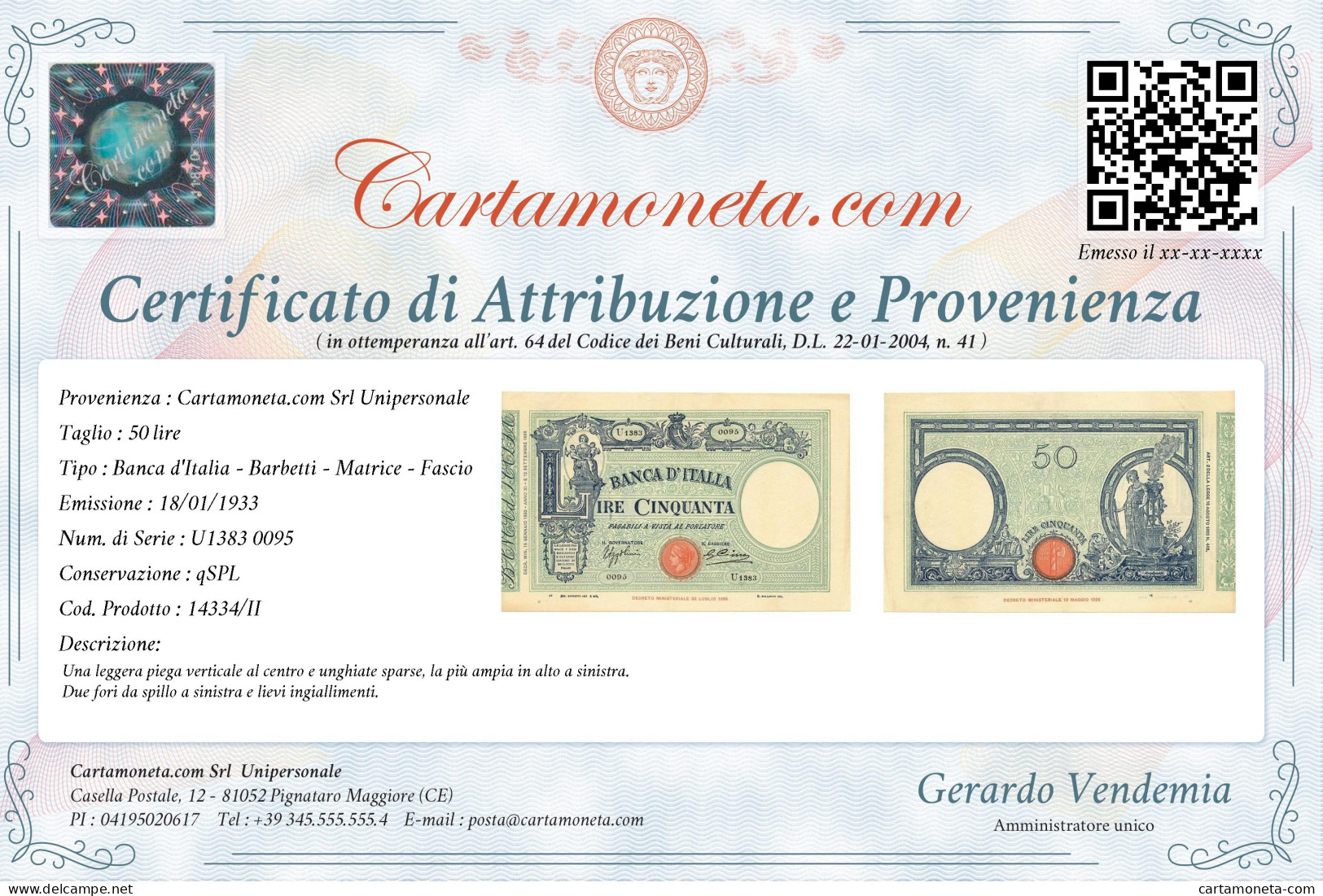 50 LIRE BARBETTI GRANDE L MATRICE LATERALE TESTINA FASCIO 18/01/1933 QSPL - Regno D'Italia – Autres