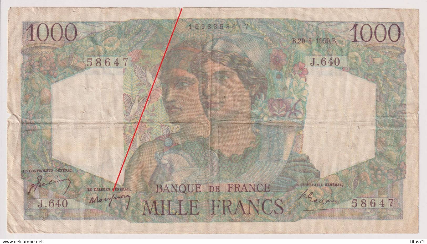 Billet 1000 Francs France Minerve Et Hercule 20-04-1950.B. - B+ - 1 000 F 1945-1950 ''Minerve Et Hercule''