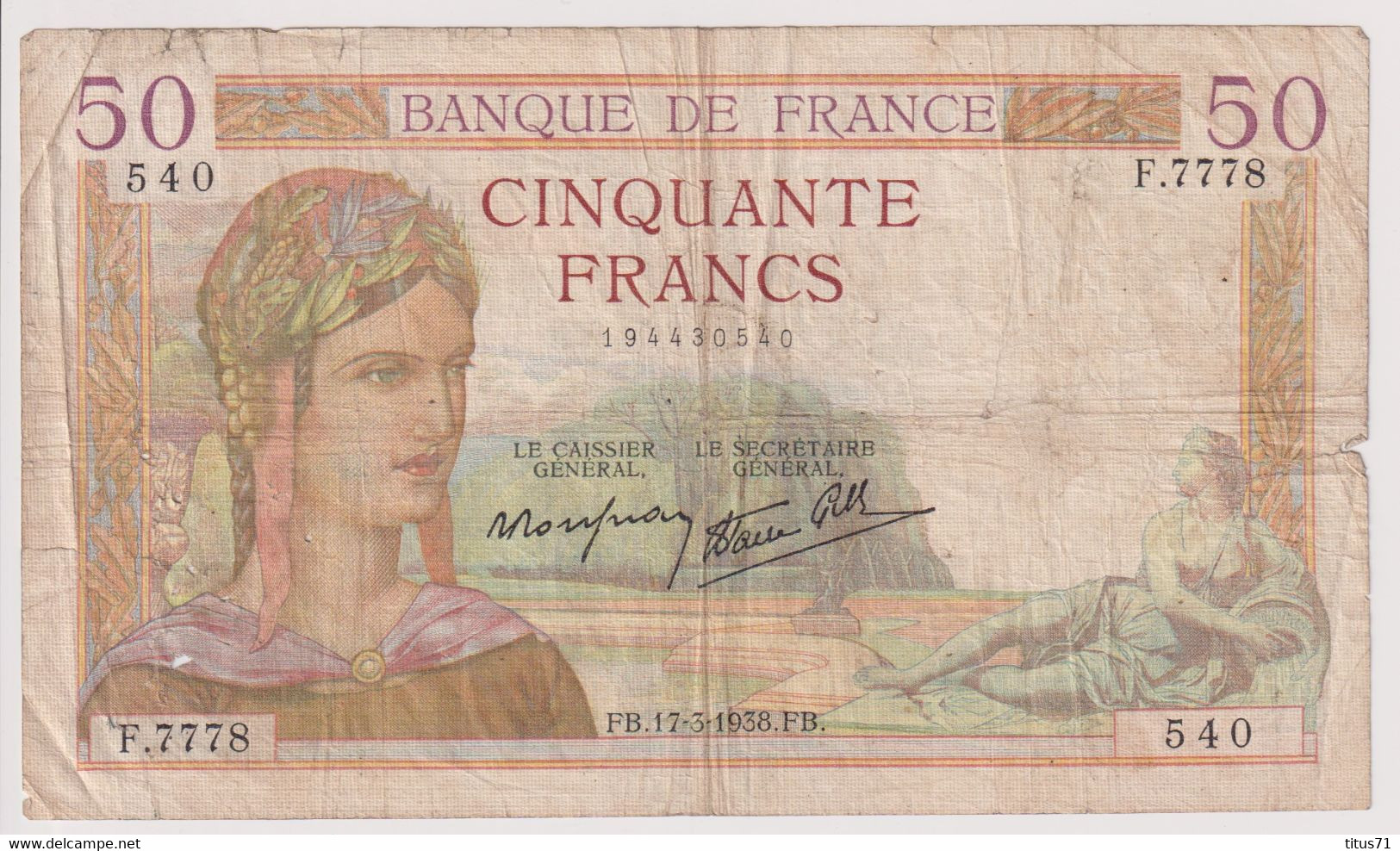Billet 50 Francs France Cérès 17-3-1938 FB - 50 F 1934-1940 ''Cérès''