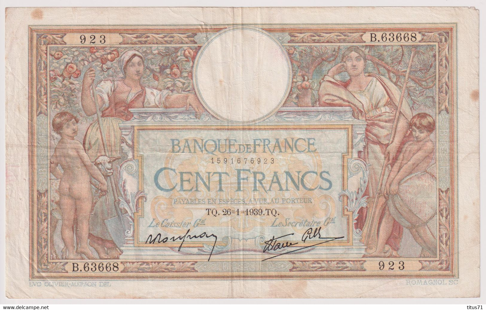 Billet 100 Francs France Merson 26-1-1939.TQ. - 100 F 1908-1939 ''Luc Olivier Merson''