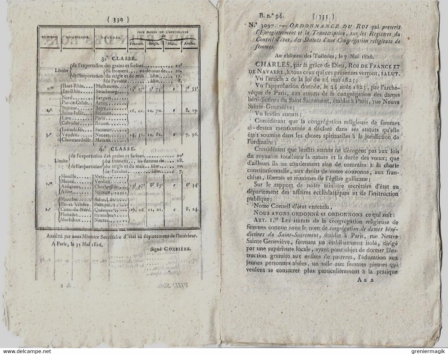 Bulletin Des Lois 94 1826 Compagnies Des Gardes-du-corps/Bénédictines Du Saint-Sacrement Paris/Congrégations Religieuses - Decreti & Leggi