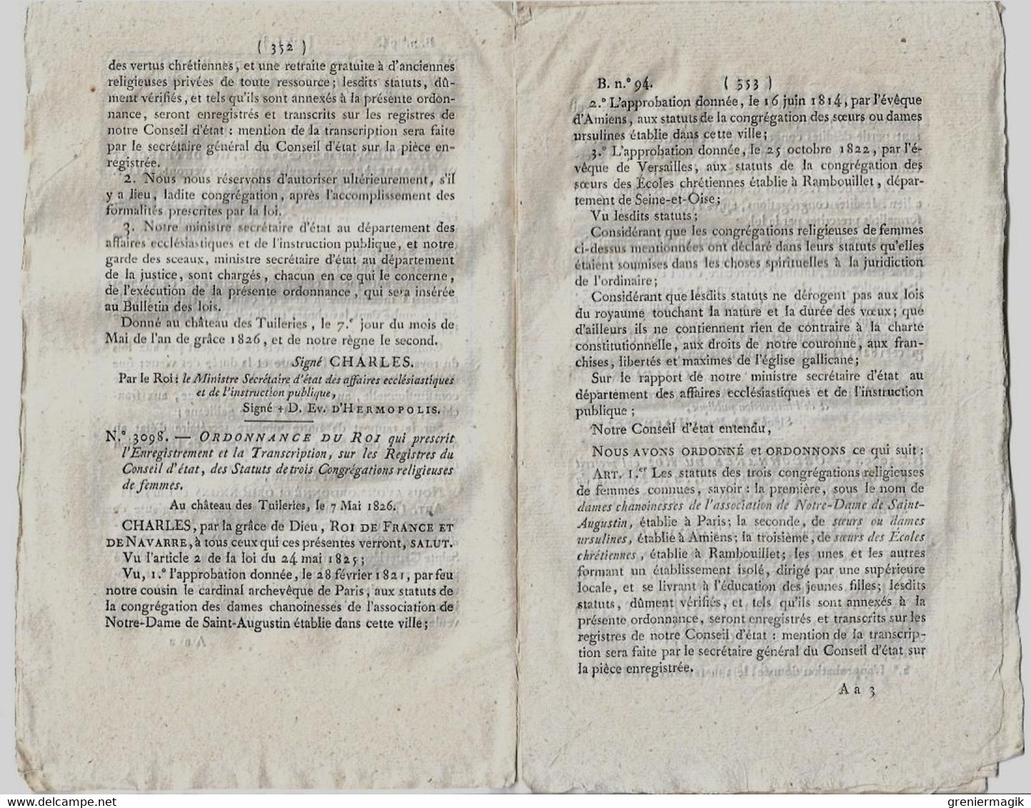 Bulletin Des Lois 94 1826 Compagnies Des Gardes-du-corps/Bénédictines Du Saint-Sacrement Paris/Congrégations Religieuses - Decreti & Leggi