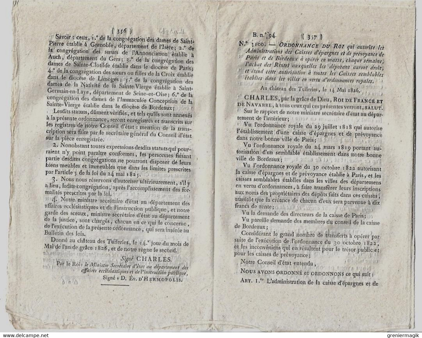 Bulletin Des Lois 94 1826 Compagnies Des Gardes-du-corps/Bénédictines Du Saint-Sacrement Paris/Congrégations Religieuses - Decreti & Leggi